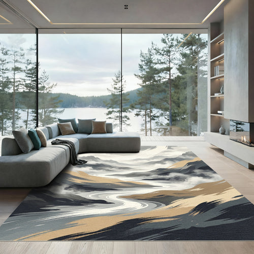 Abstract Gray and Golden Mountain Landscape Rug