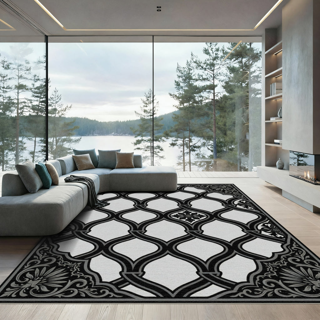 Monochromatic Black Lattice Ornament Rug