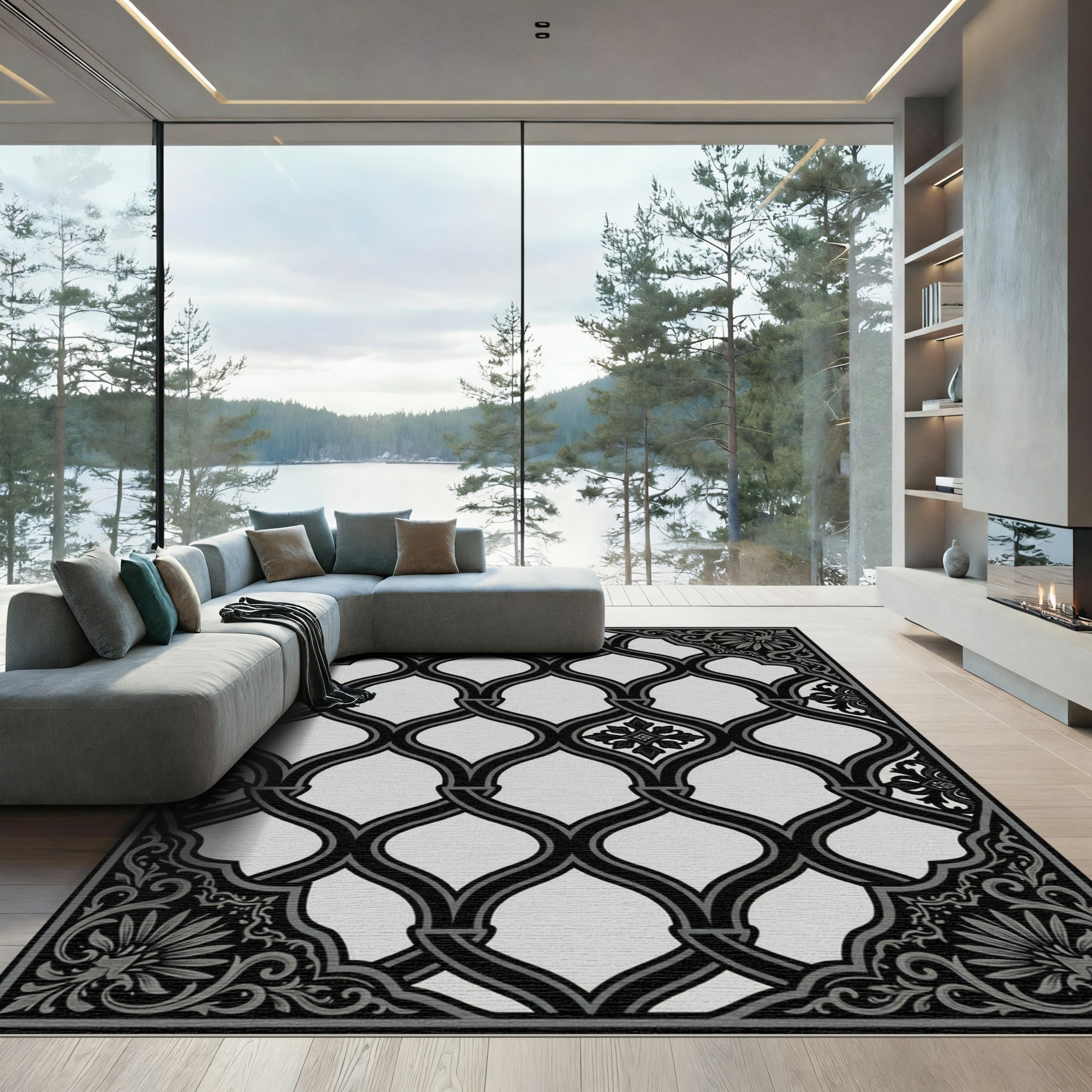Monochromatic Black Lattice Ornament Rug