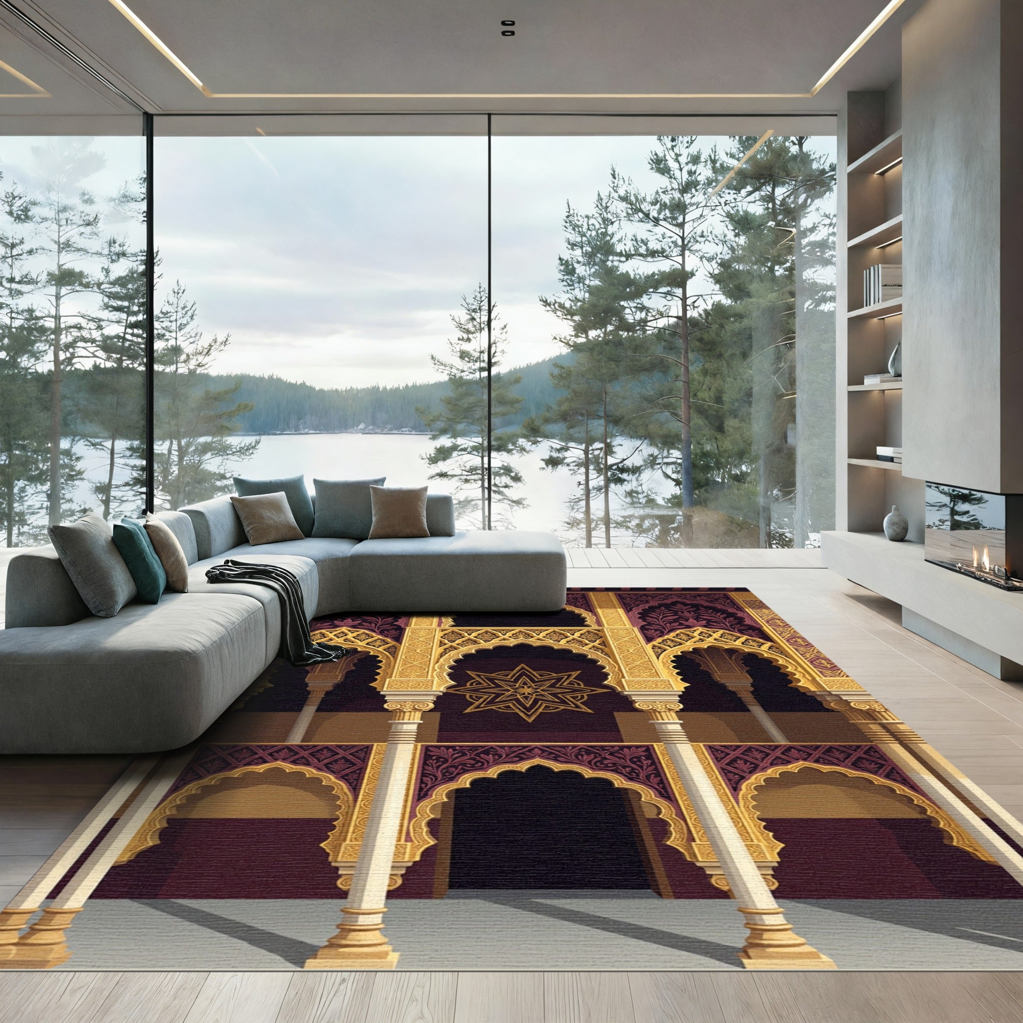 Ornate Gothic Gold Damask Star Arch Rug