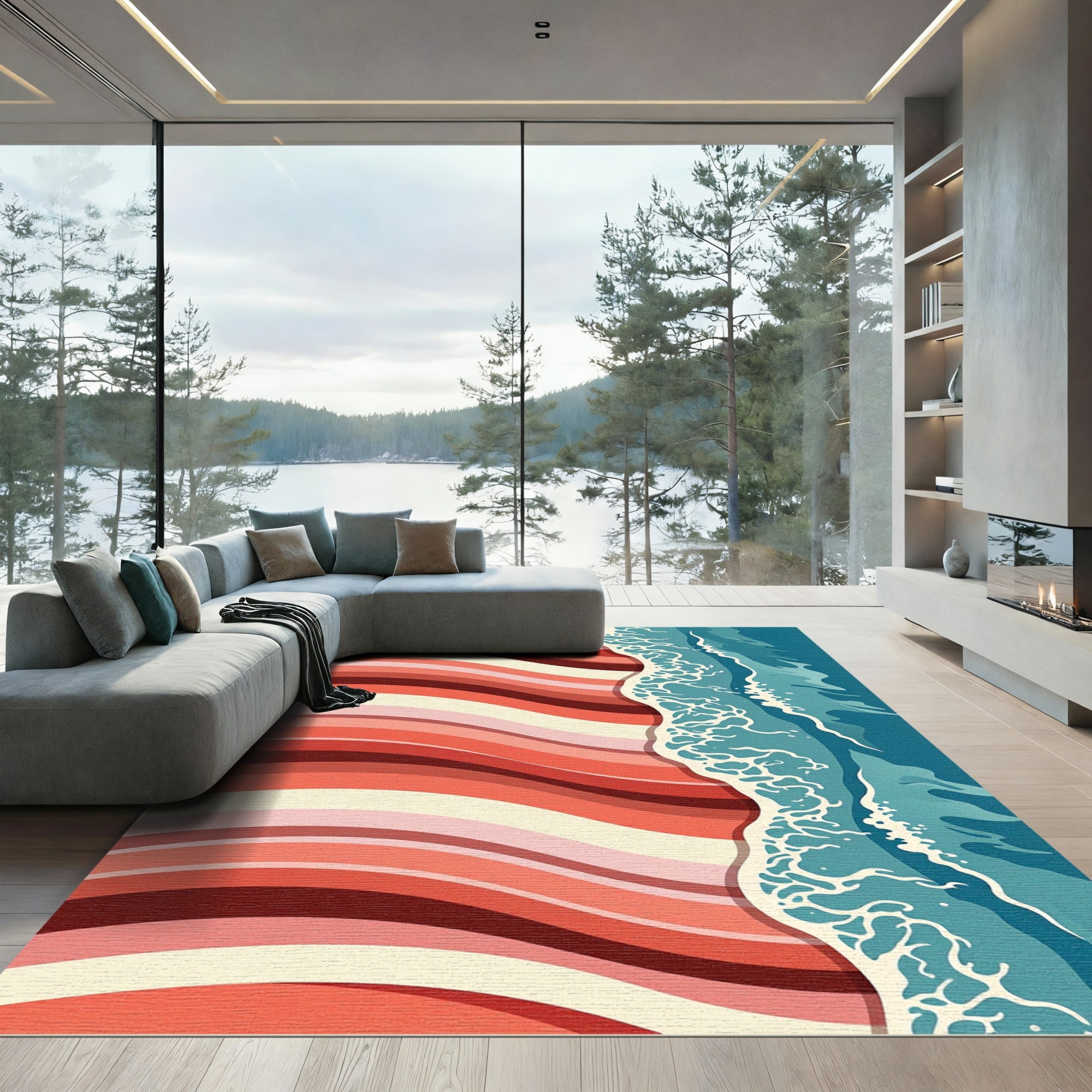Coral Orange Striped Ocean Wave Rug