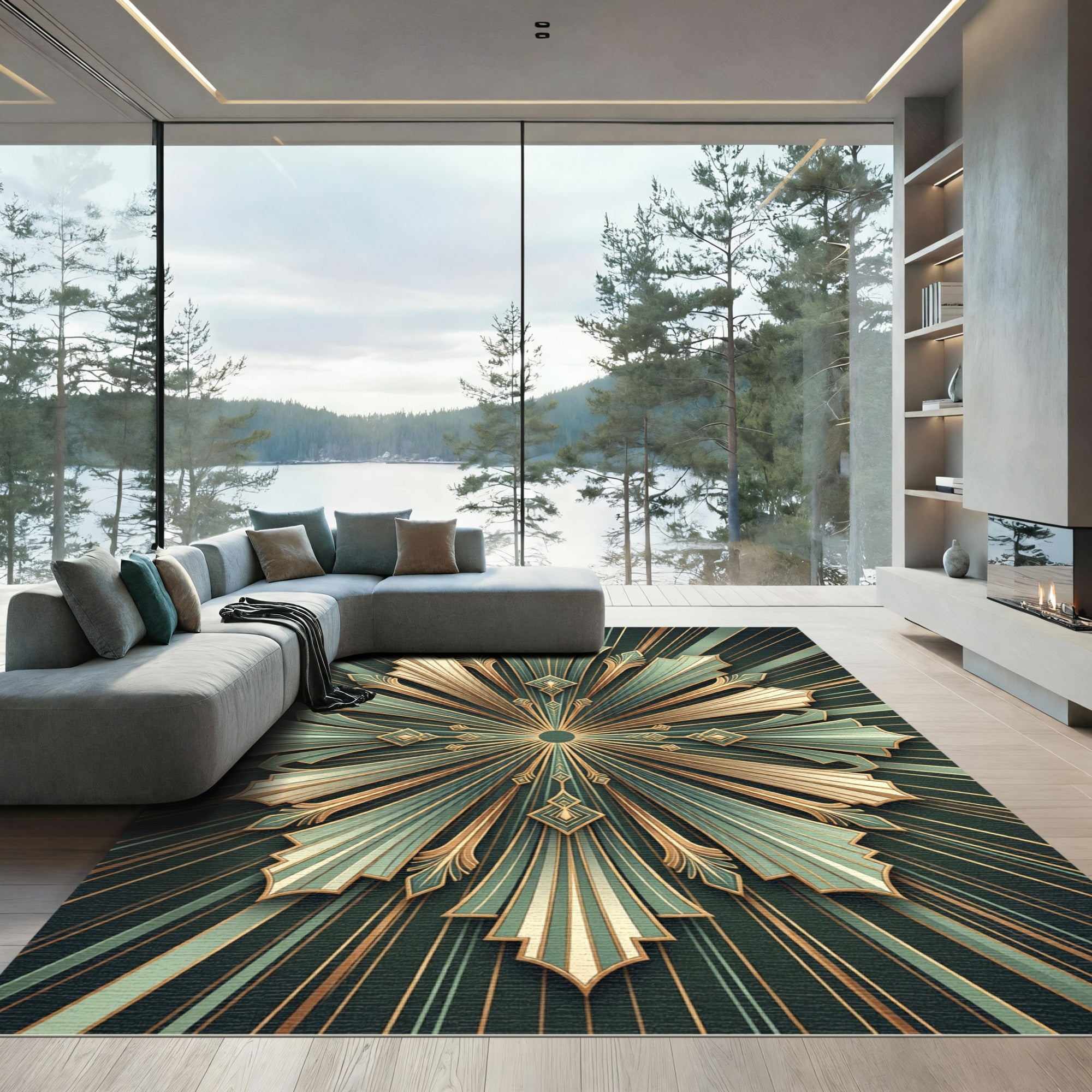 Art Deco Green Gold Sunburst Radiance Rug