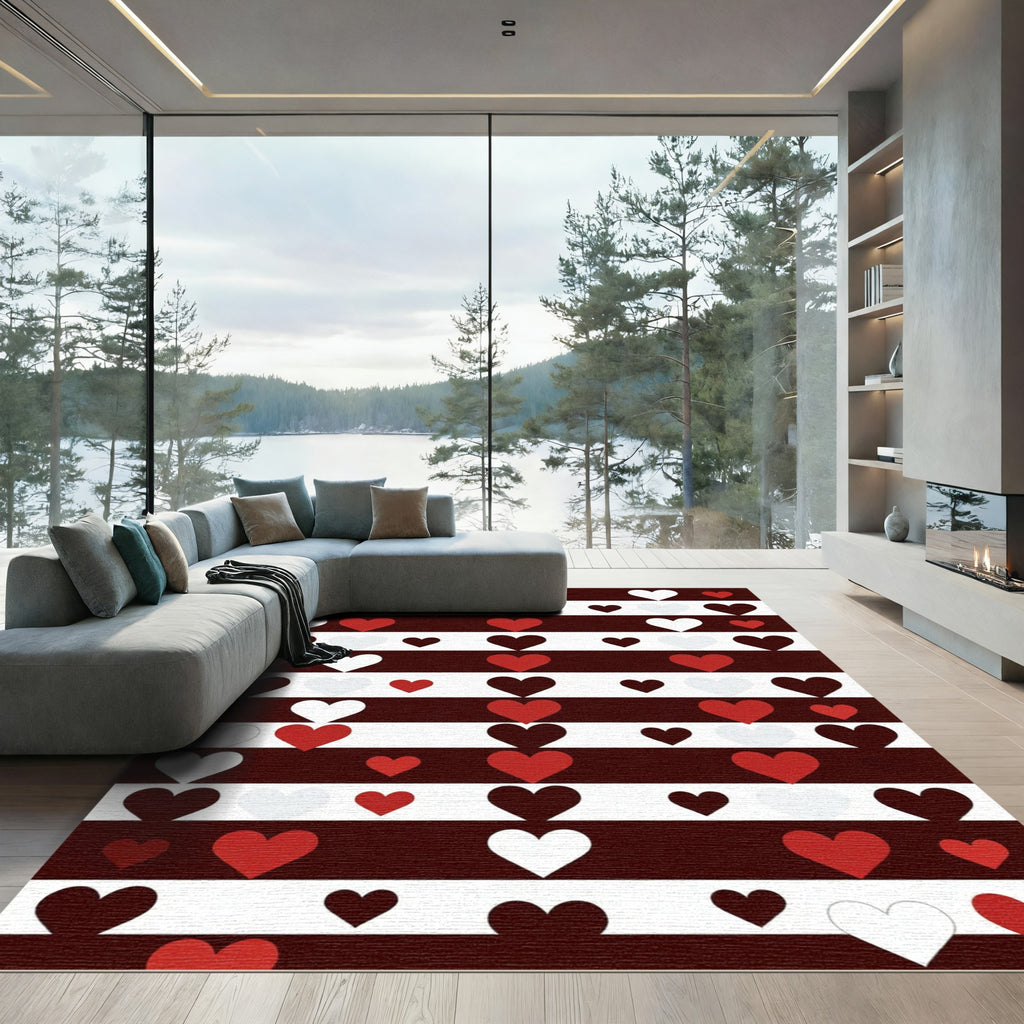 Red White Brown Repeating Heart Stripes Rug