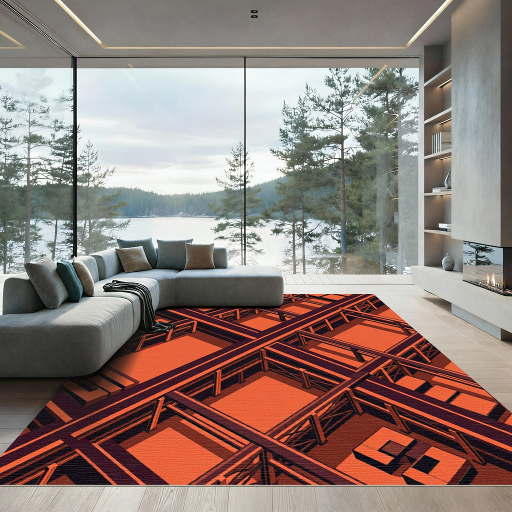 Geometric Labyrinth Orange Structure Rug