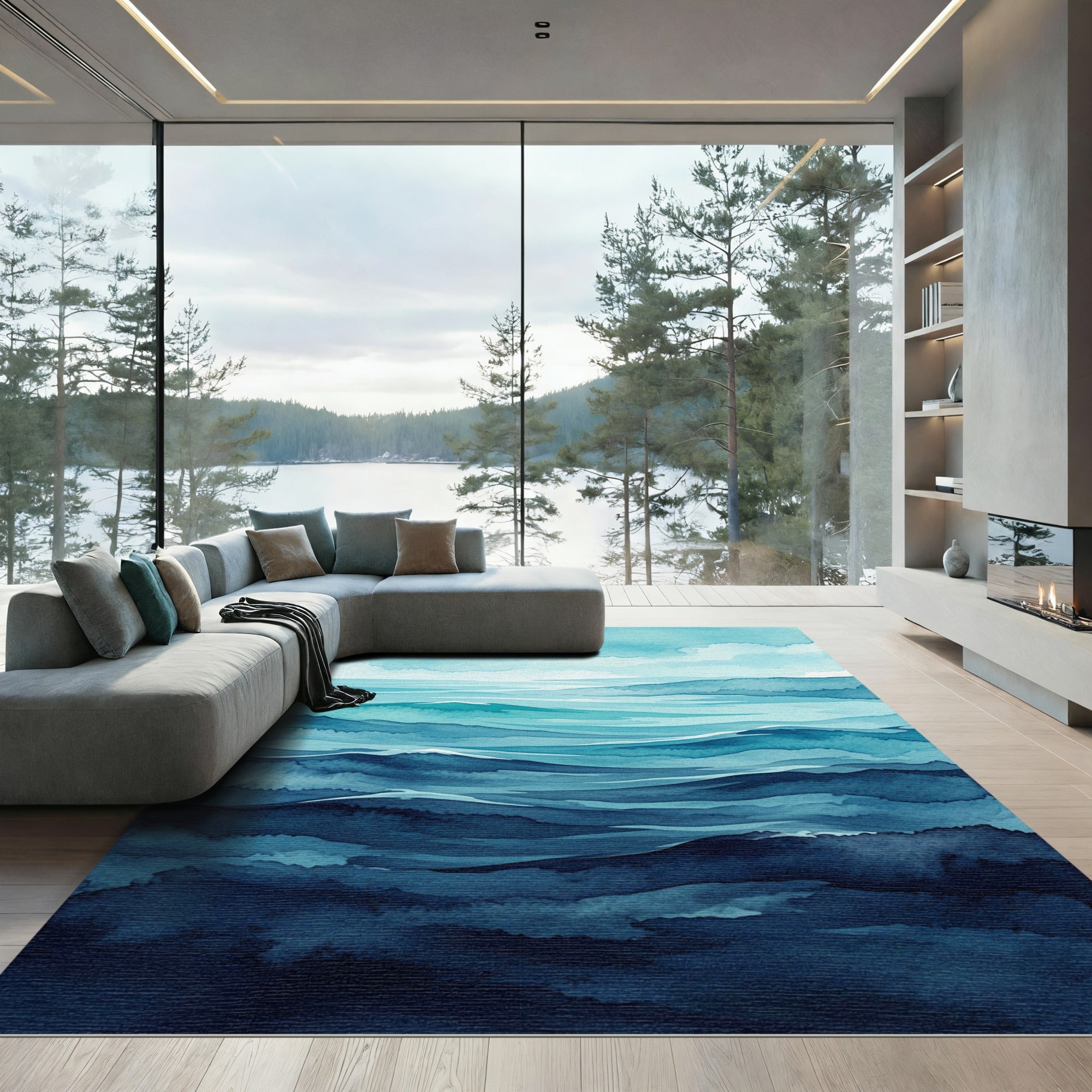 Deep Blue Ocean Wave Watercolor Rug