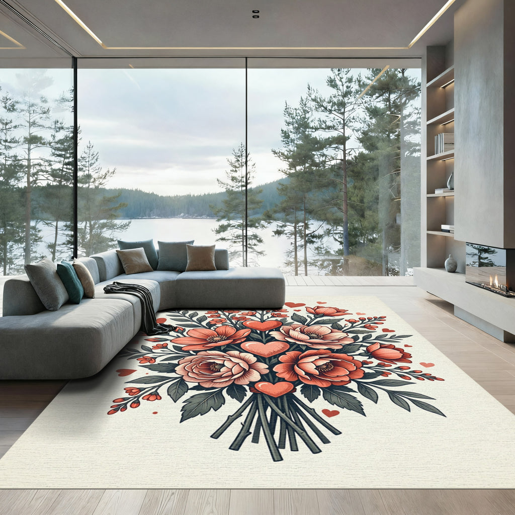 Coral Hearts and Blooms Bouquet Rug