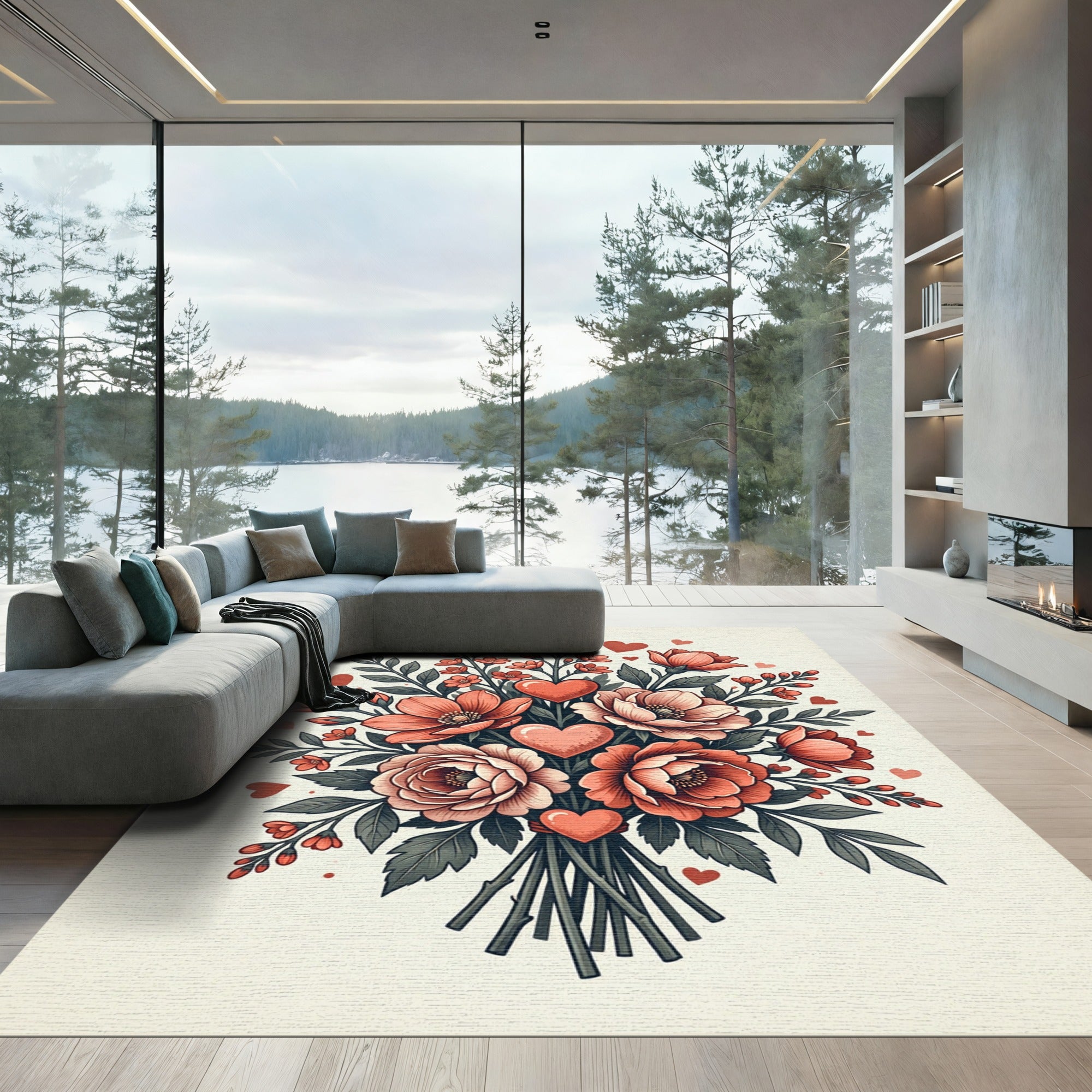 Coral Hearts and Blooms Bouquet Rug