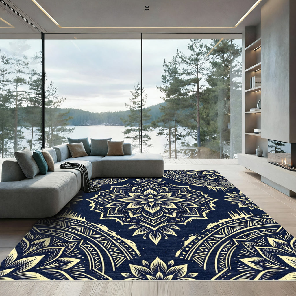 Navy And Gold Mandala Floral Rug