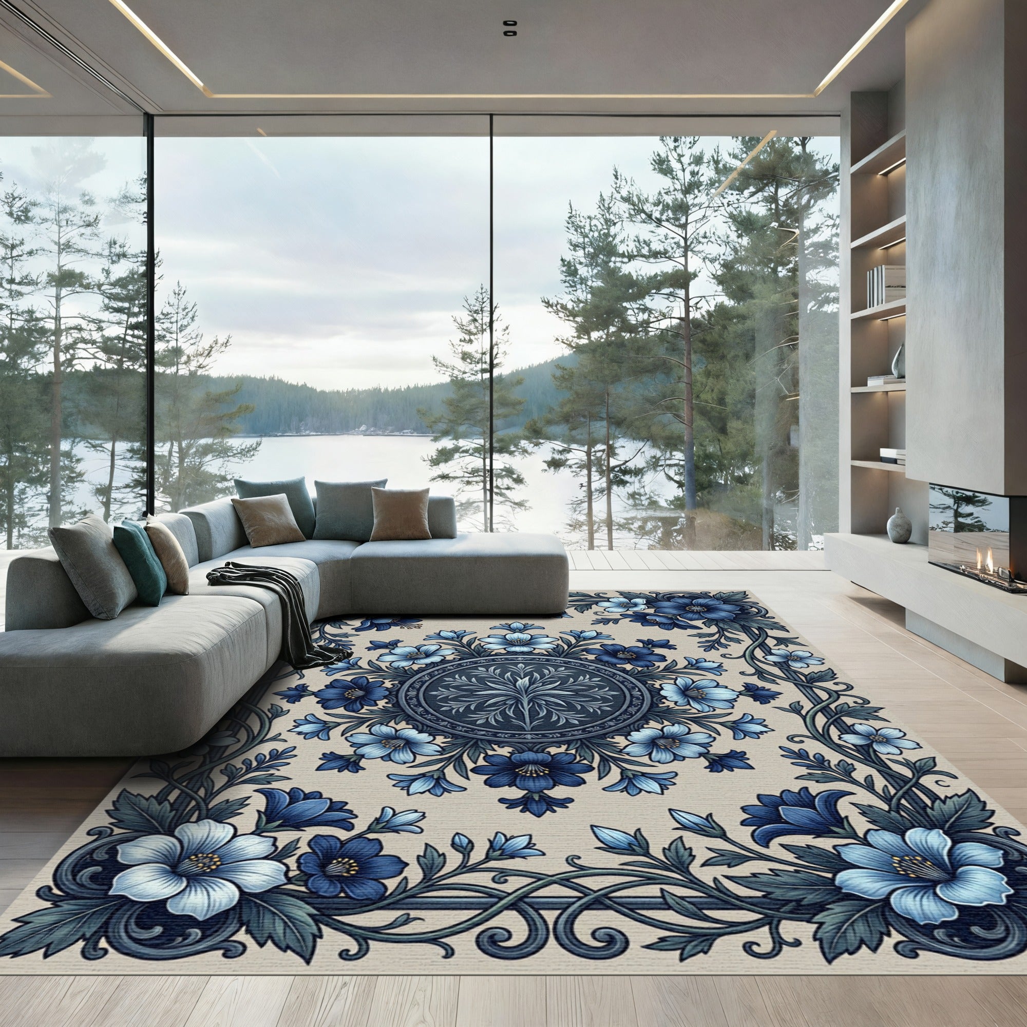 Botanical Blue Floral Medallion Scroll Rug
