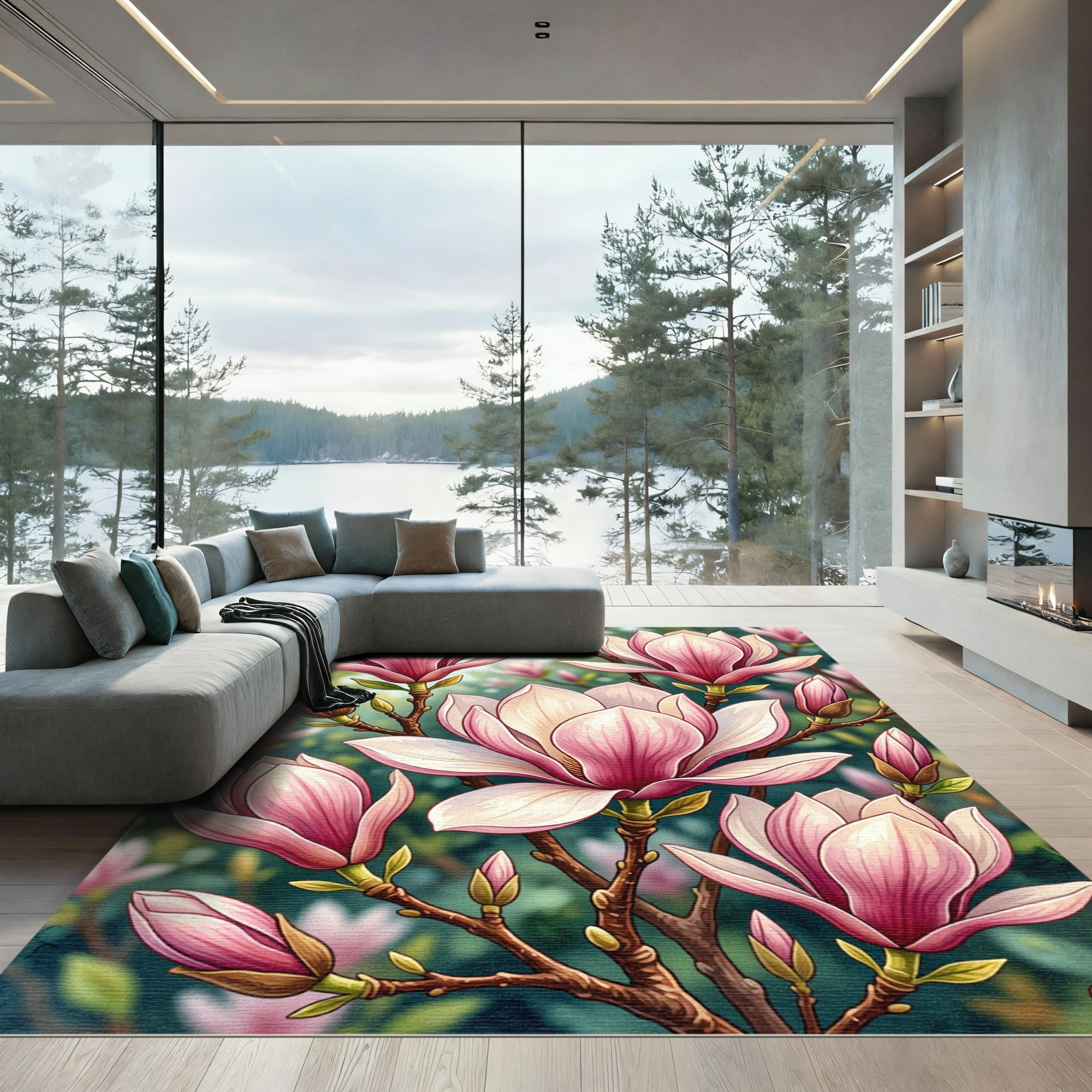 Blushing Magnolia Botanical Bloom Art Rug
