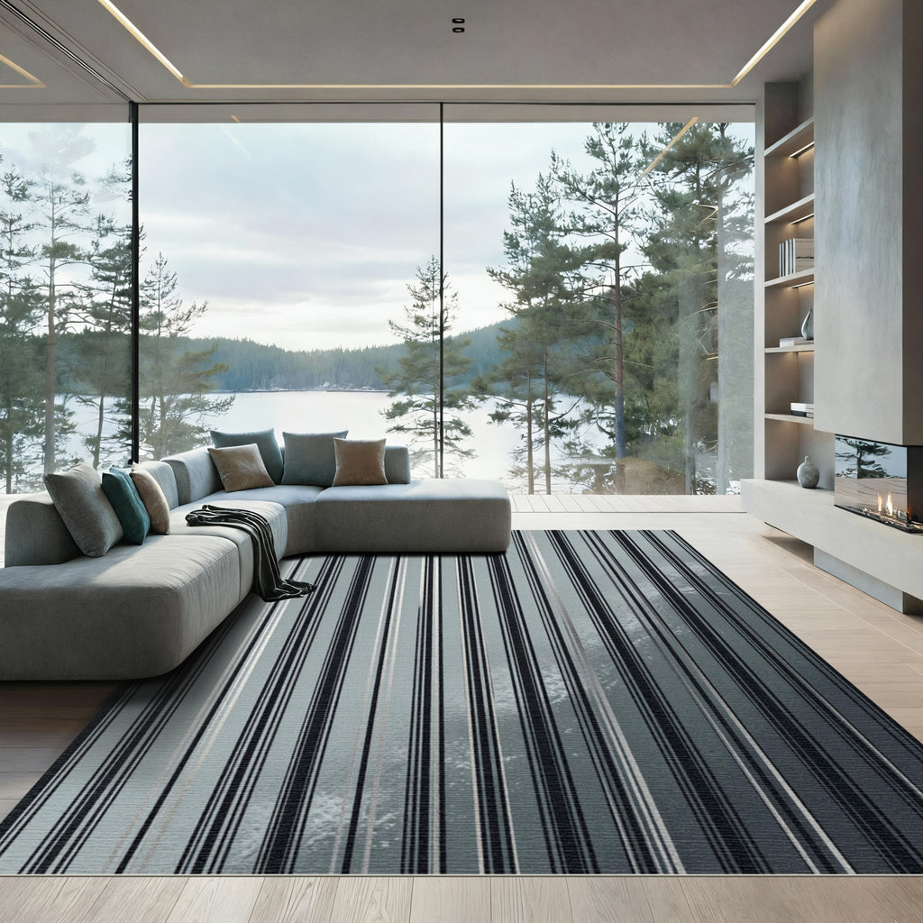 Sophisticated Charcoal Monochromatic Vertical Stripe Rug