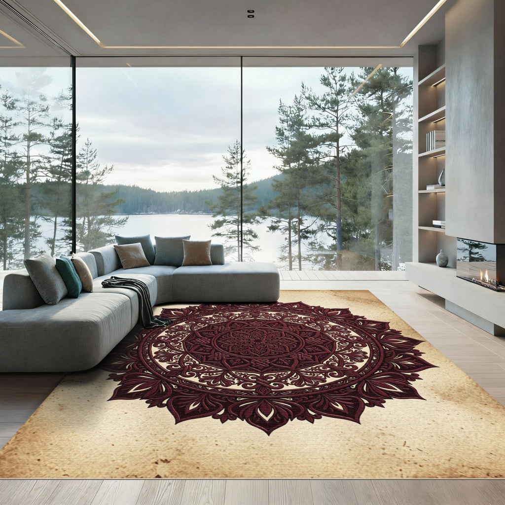 Ornate Deep Crimson Floral Mandala Rug