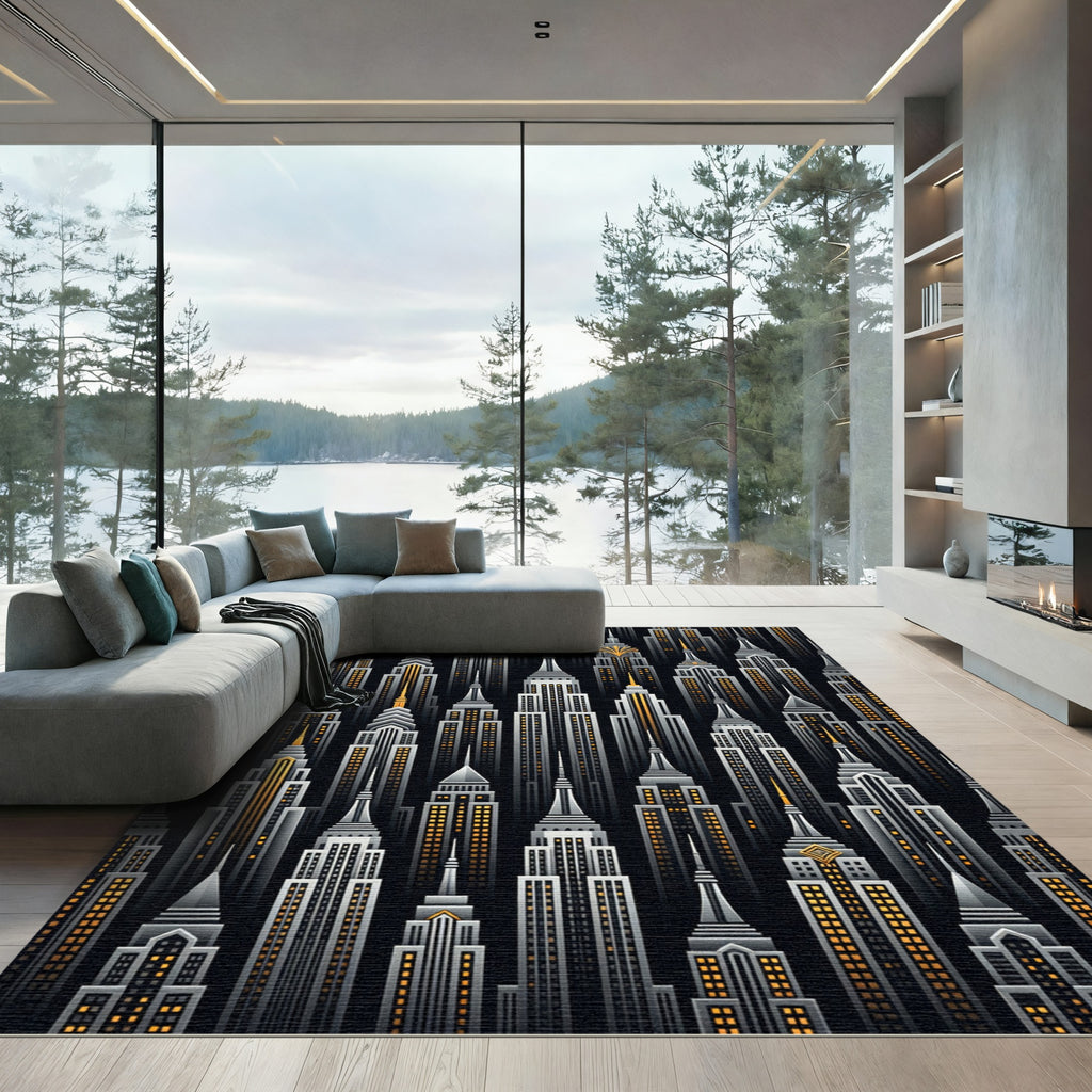 Art Deco Midnight Gold Skyscraper Wallpaper Rug