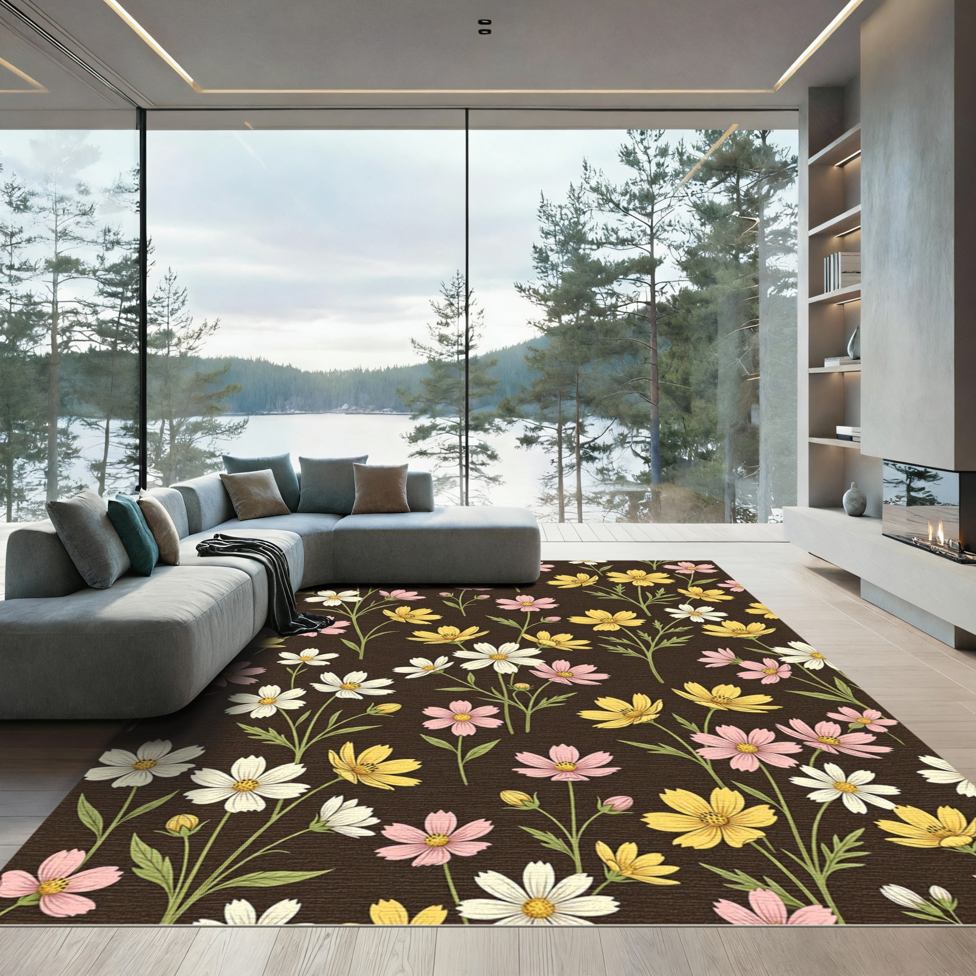 Pink Yellow White Blooming Garden Flowers Rug