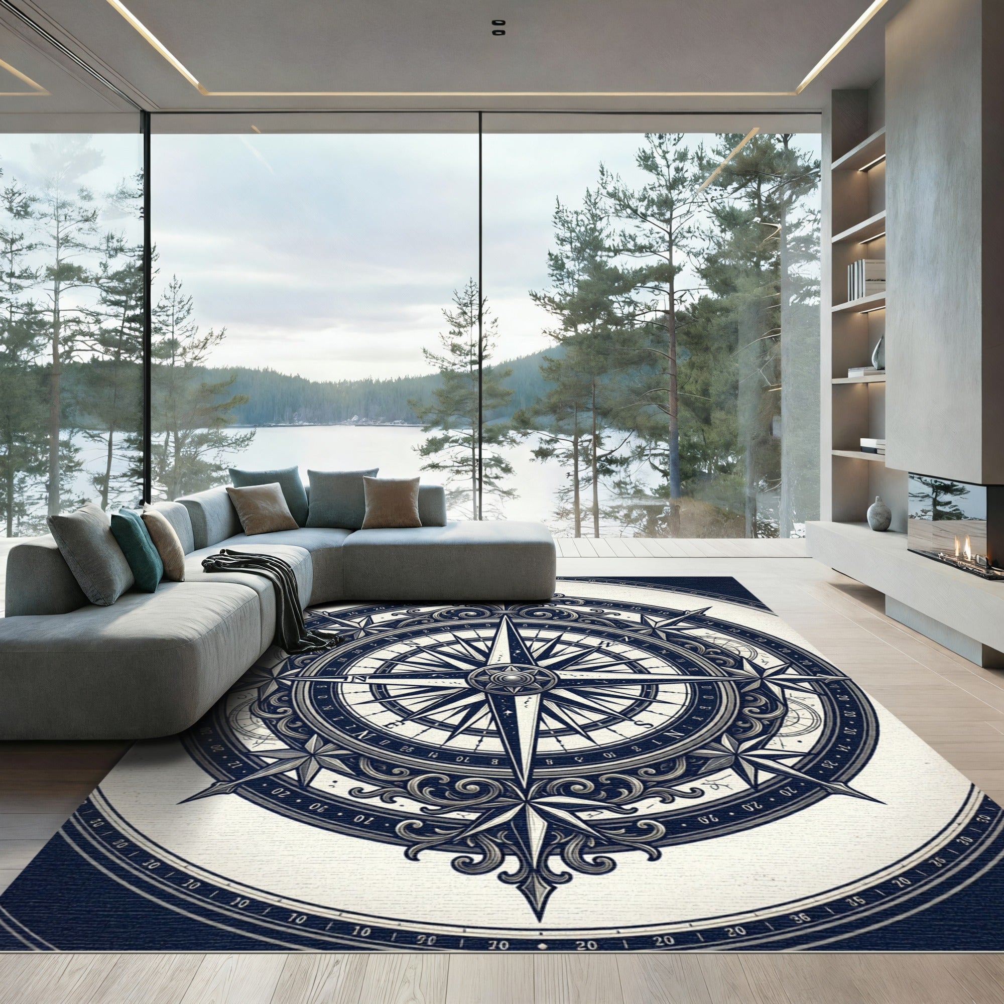 Ornate Navy Nautical Compass Medallion Rug