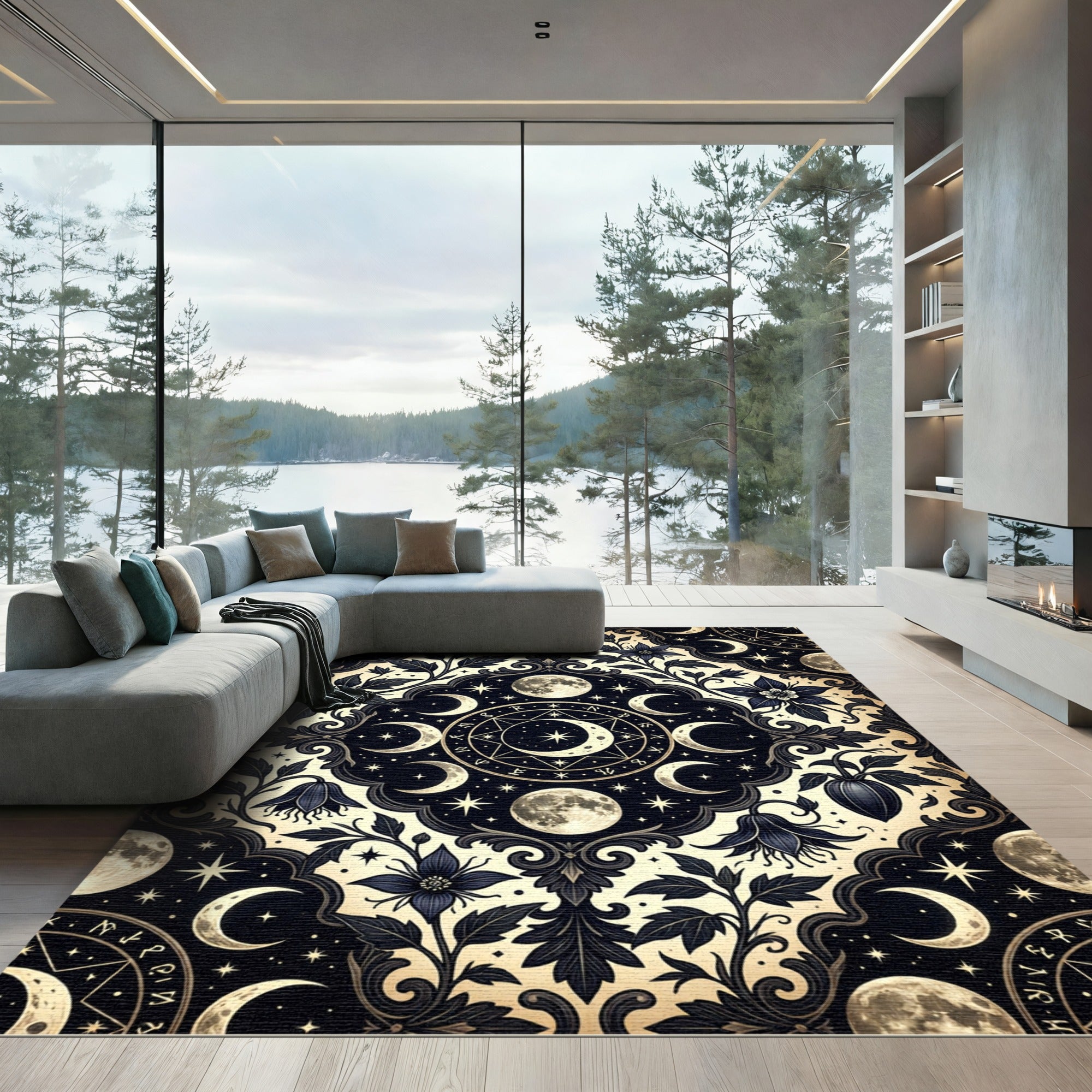 Celestial Lunar Moon Flower Medallion Rug