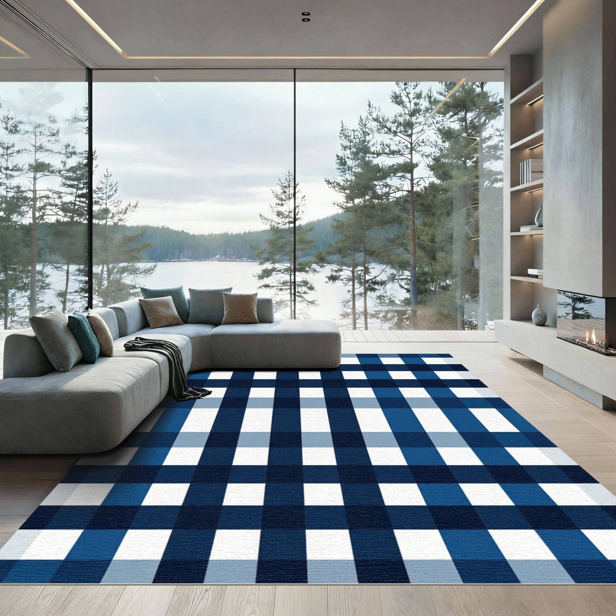 Classic Navy Blue Gingham Checkered Grid Rug