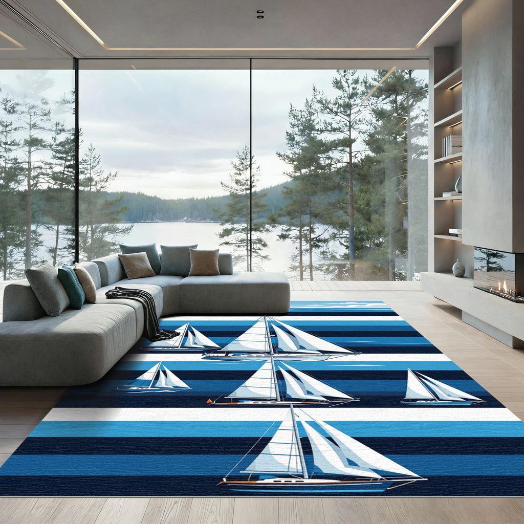 Blue Striped Sailboat Ocean Voyage Rug