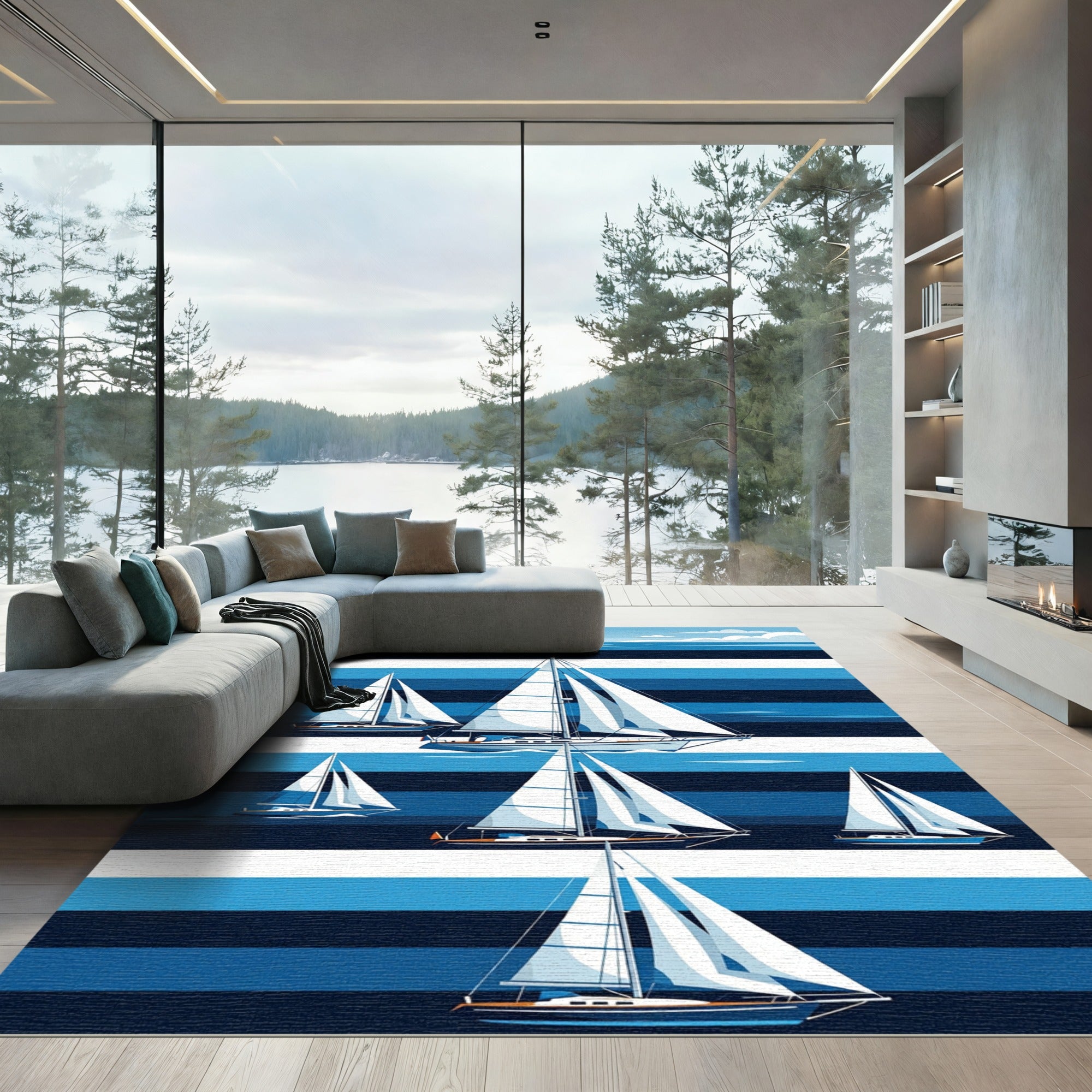 Blue Striped Sailboat Ocean Voyage Rug