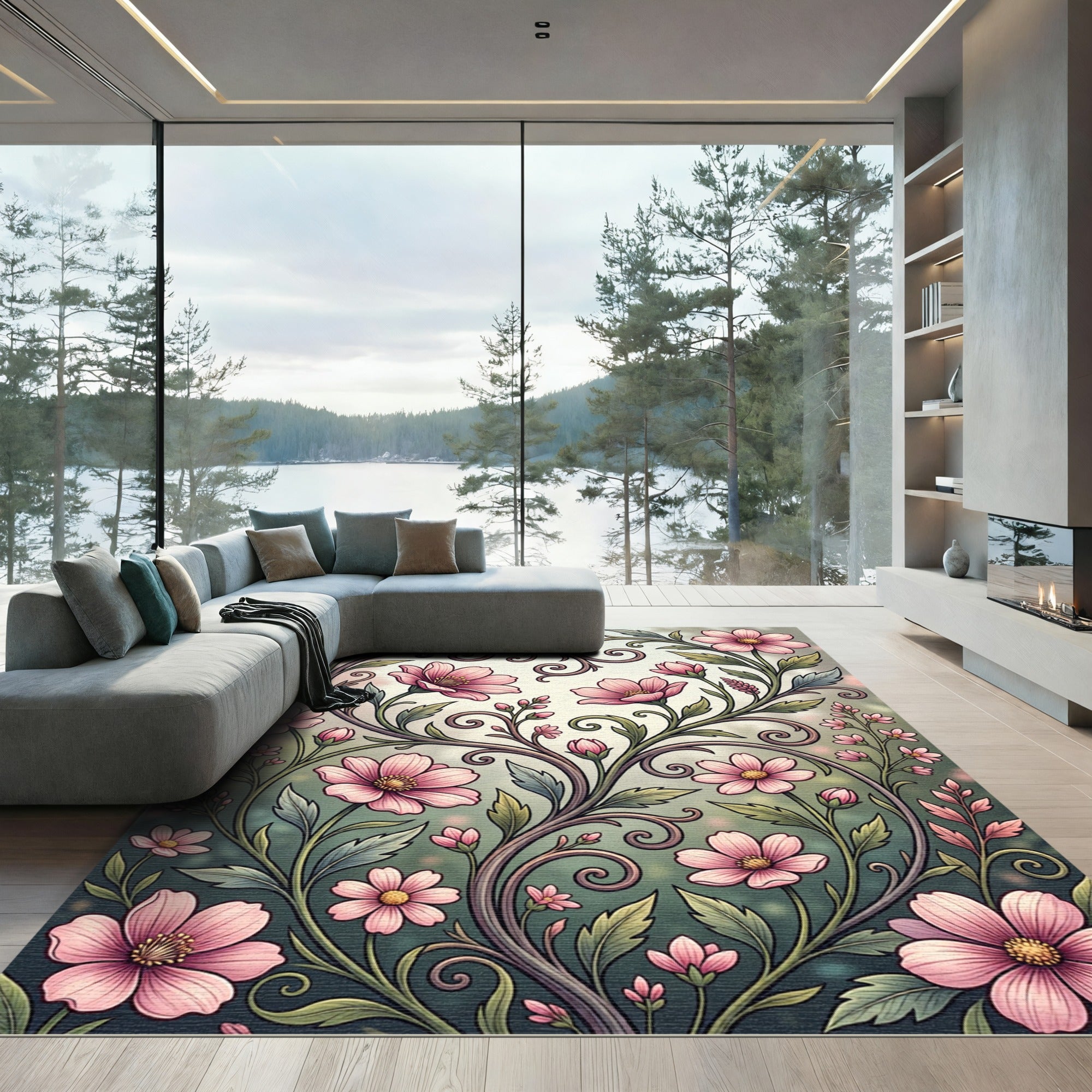 Elegant Pink Floral Scroll Area Rug
