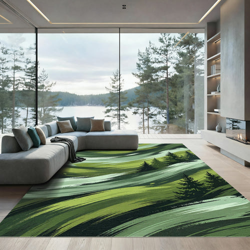 Abstract Green Forest Brushstroke Landscape Rug