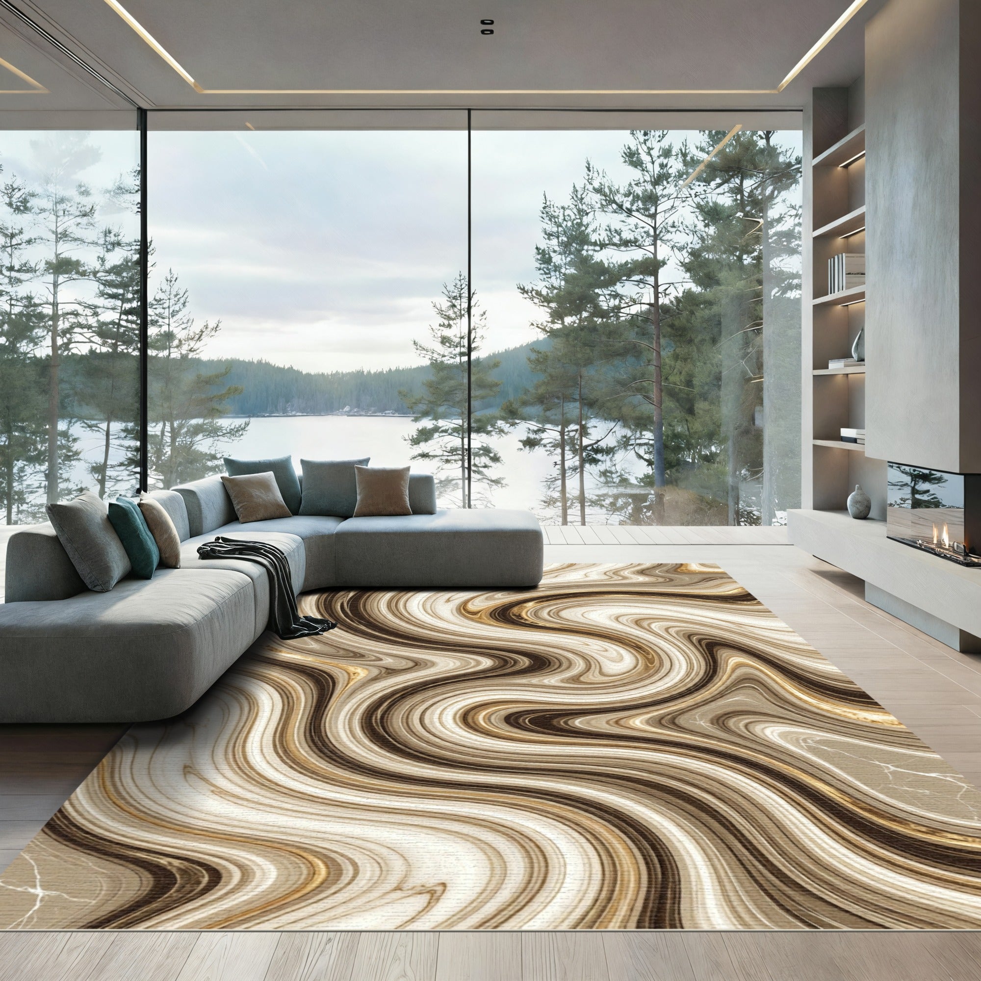 Elegant Cream Marble Swirl Gold Rug