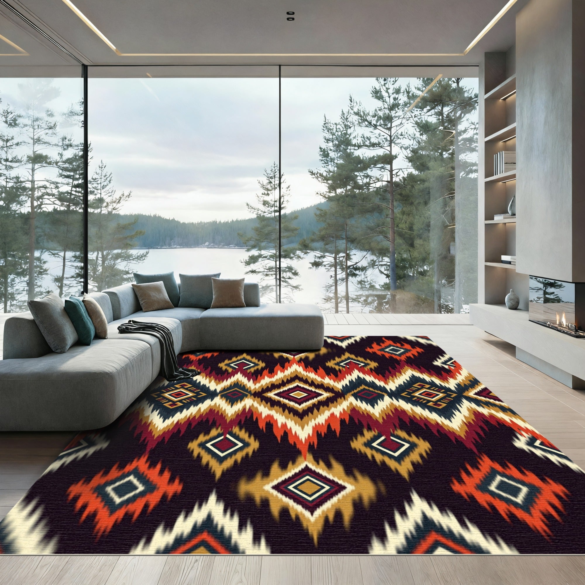 Bold Ochre Burnt Orange Geometric Tribal Rug