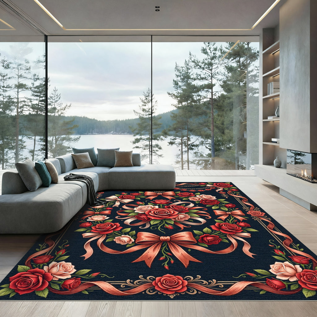 Elegant Red Roses Ribbon Garland Rug