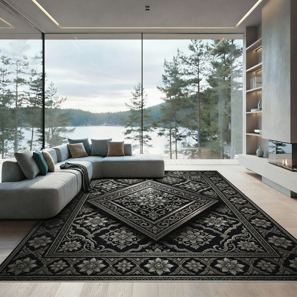 Ornate Black Silver Floral Diamond Rug
