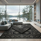 Ornate Black Silver Floral Diamond Rug