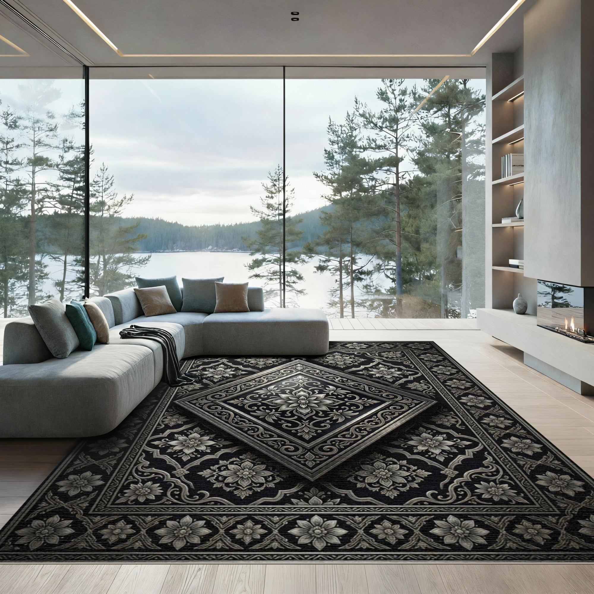 Ornate Black Silver Floral Diamond Rug