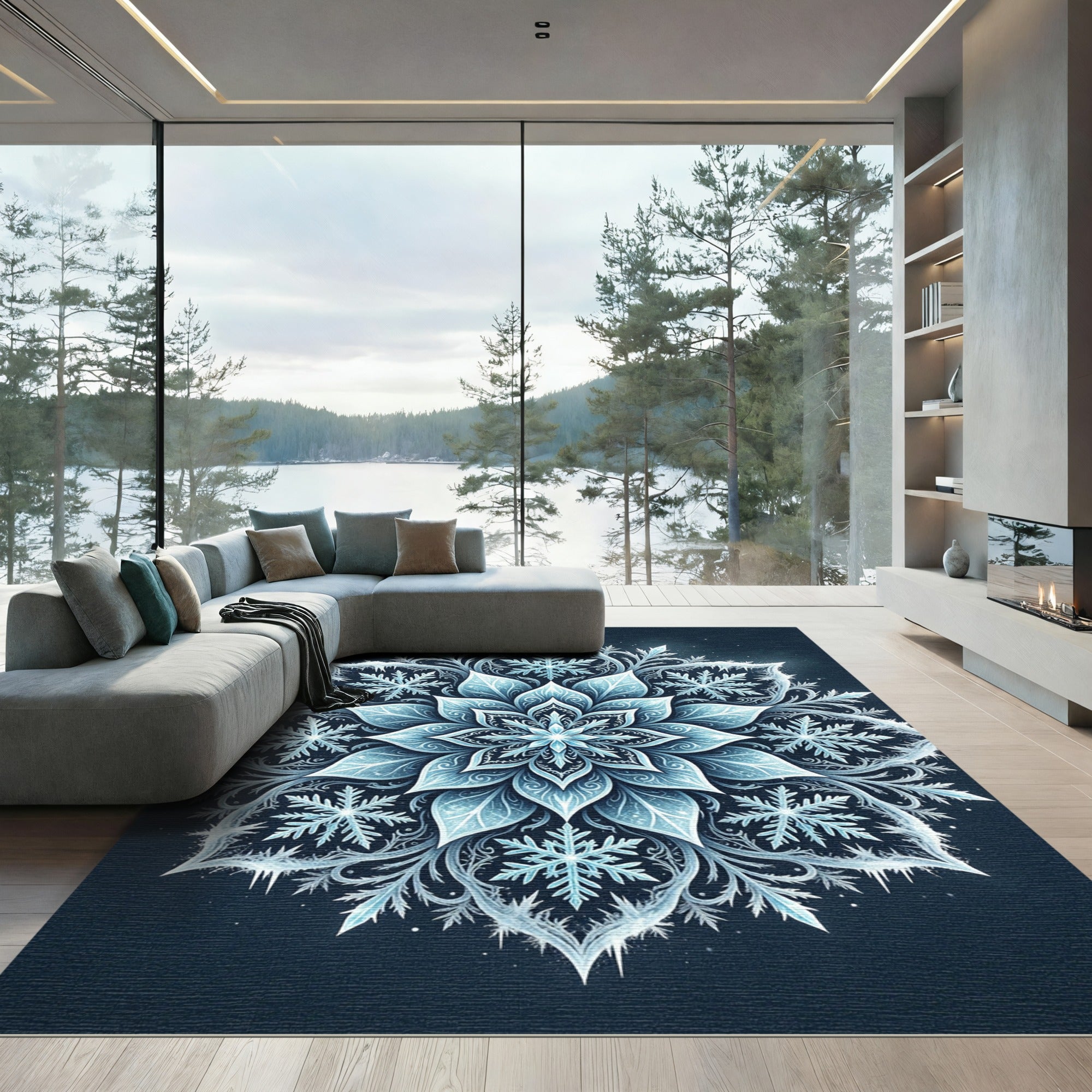 Icy Blue Frost Snowflake Mandala Rug