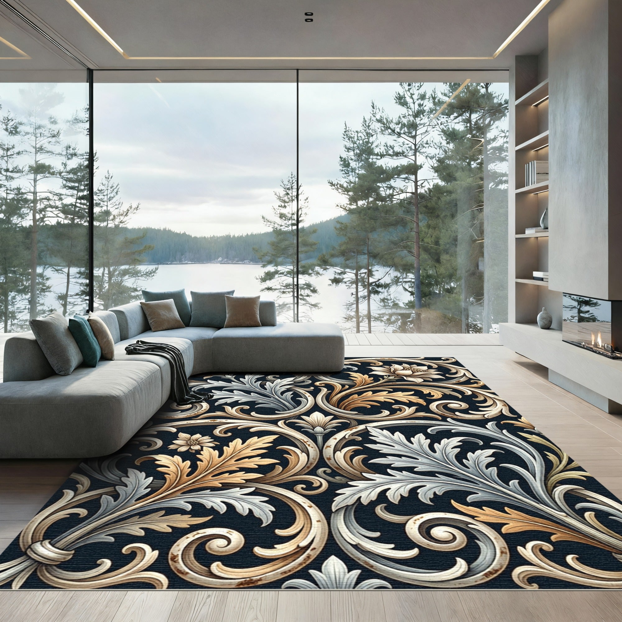 Ornate Ivory Gold Floral Accents Rug
