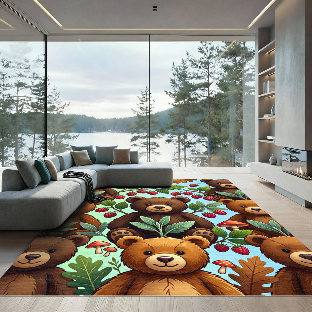 Whimsical Brown Bears Raspberry Forest Rug
