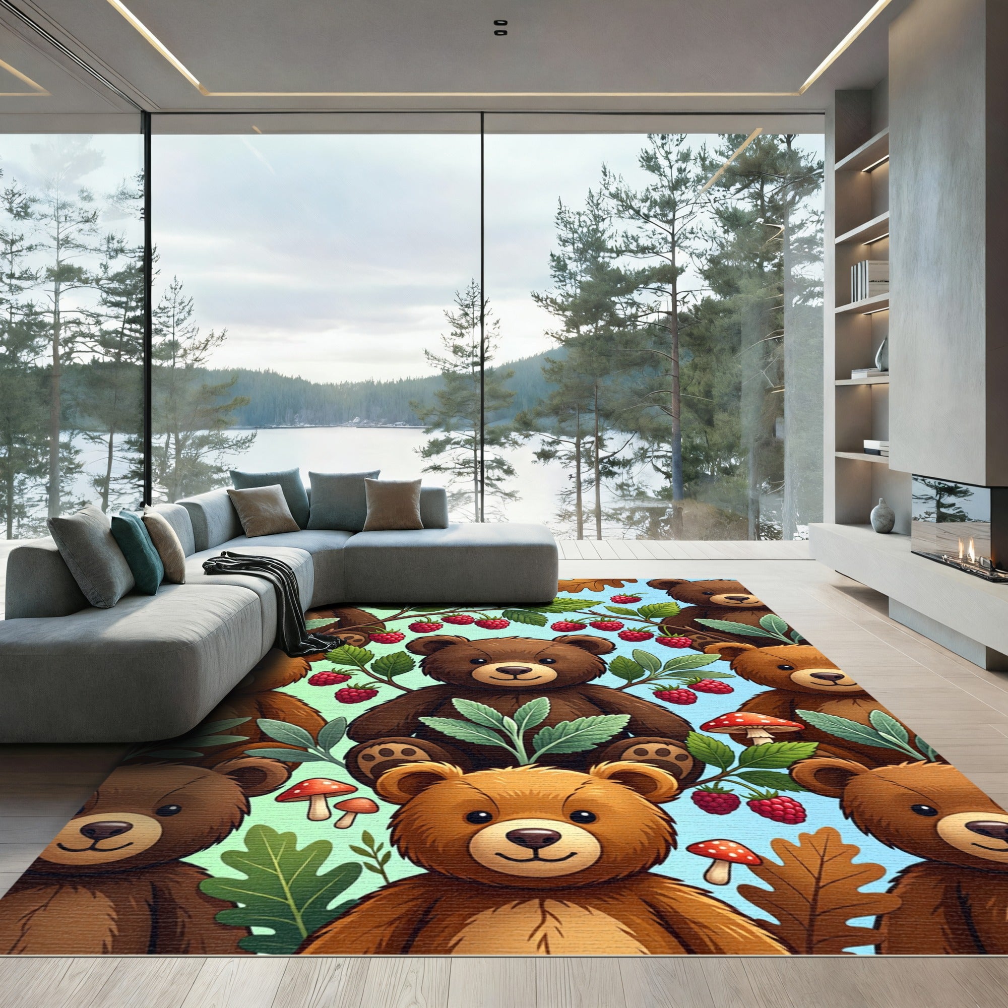 Whimsical Brown Bears Raspberry Forest Rug