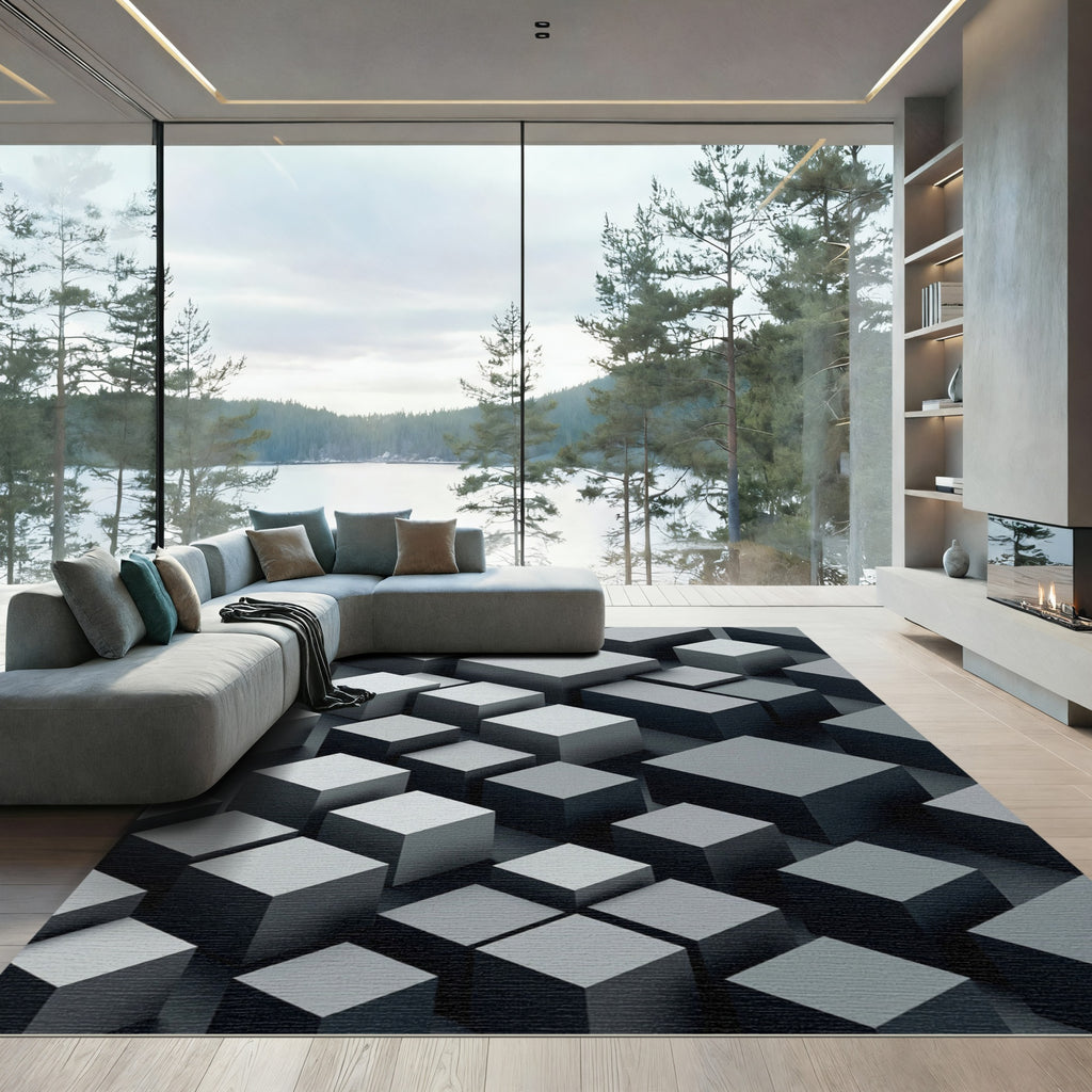 Modern Monochrome Geometric Three-dimensional Cube Block Rug