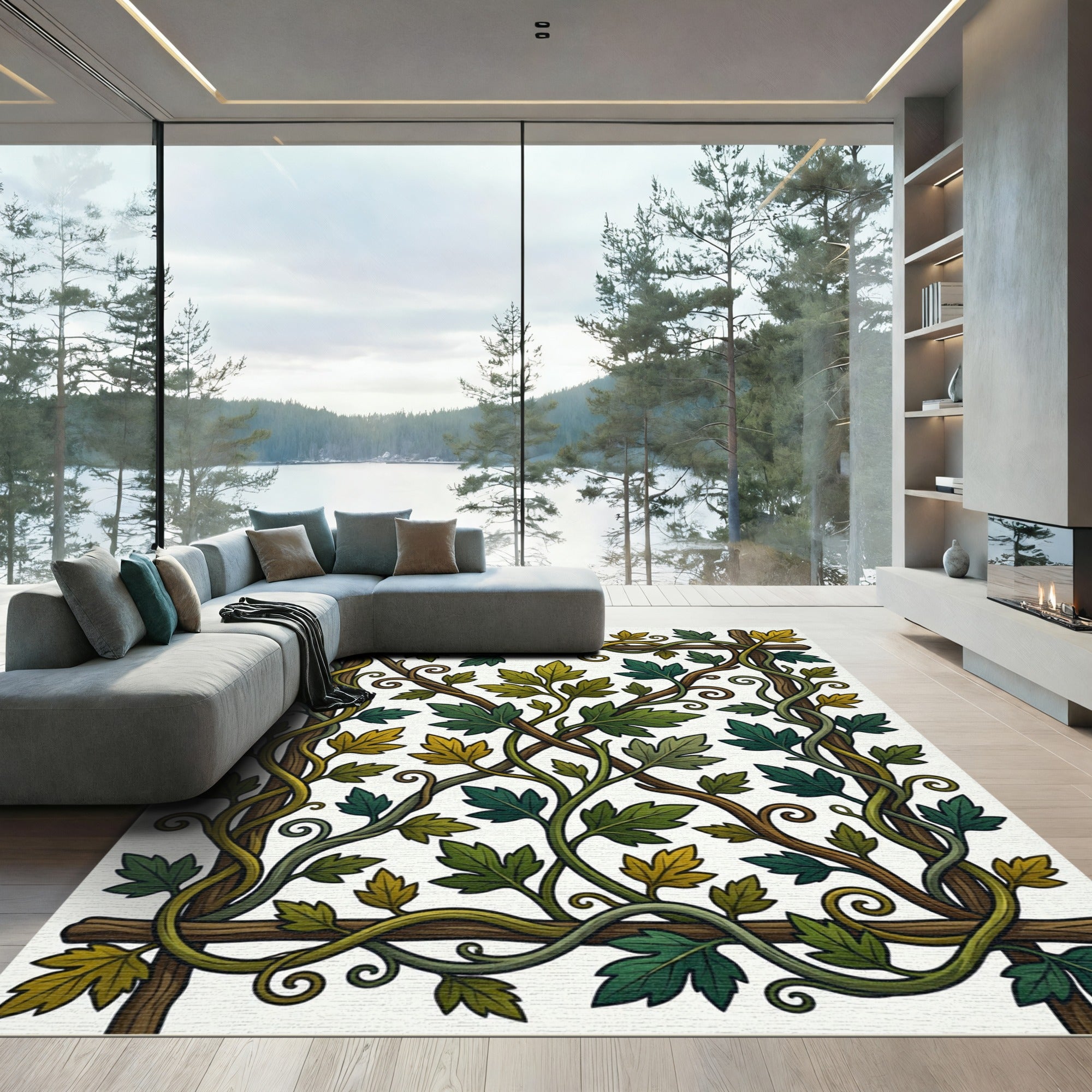 Botanical Trellis Intertwining Green Leaf Rug
