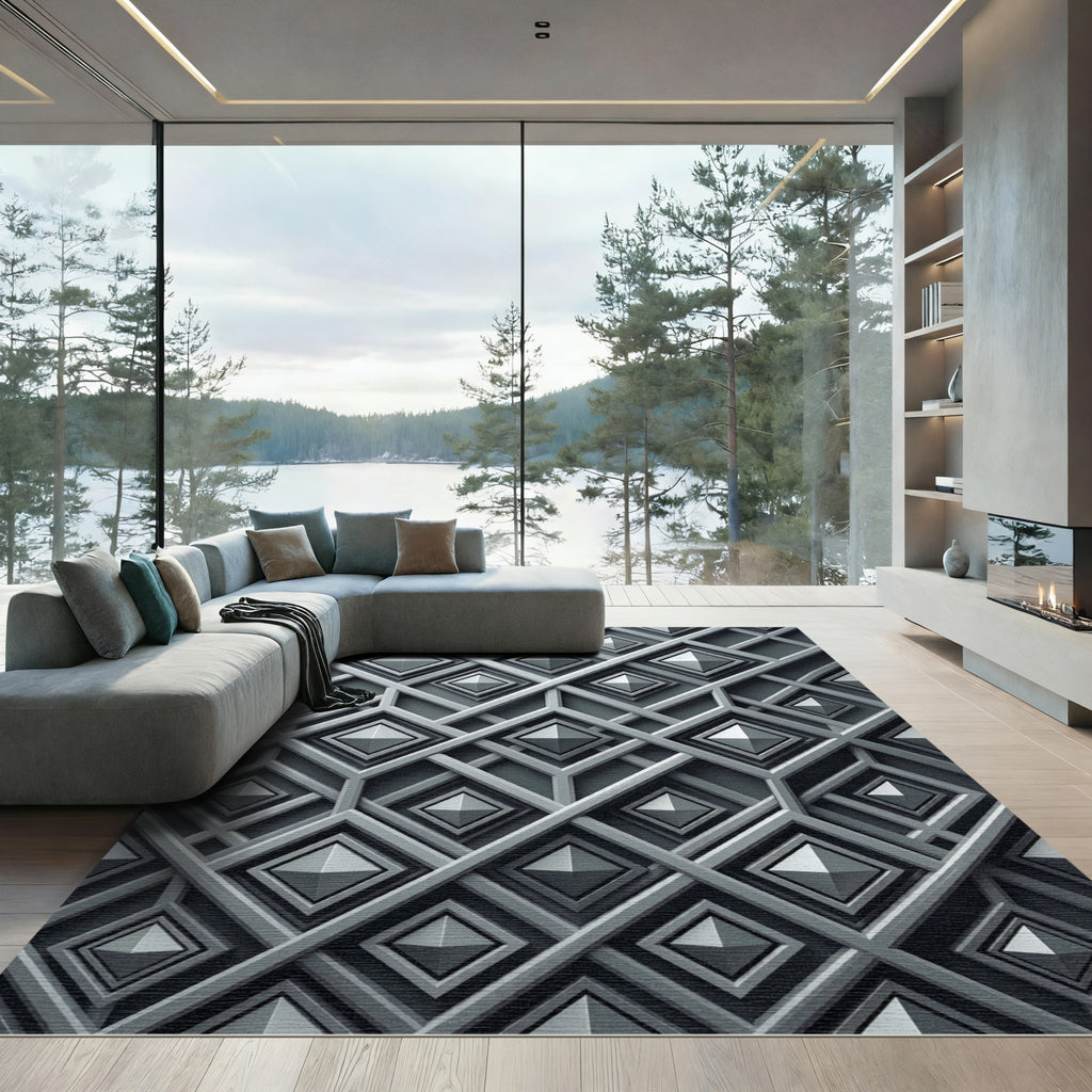Metallic Charcoal Structured Diamond Geometric Rug
