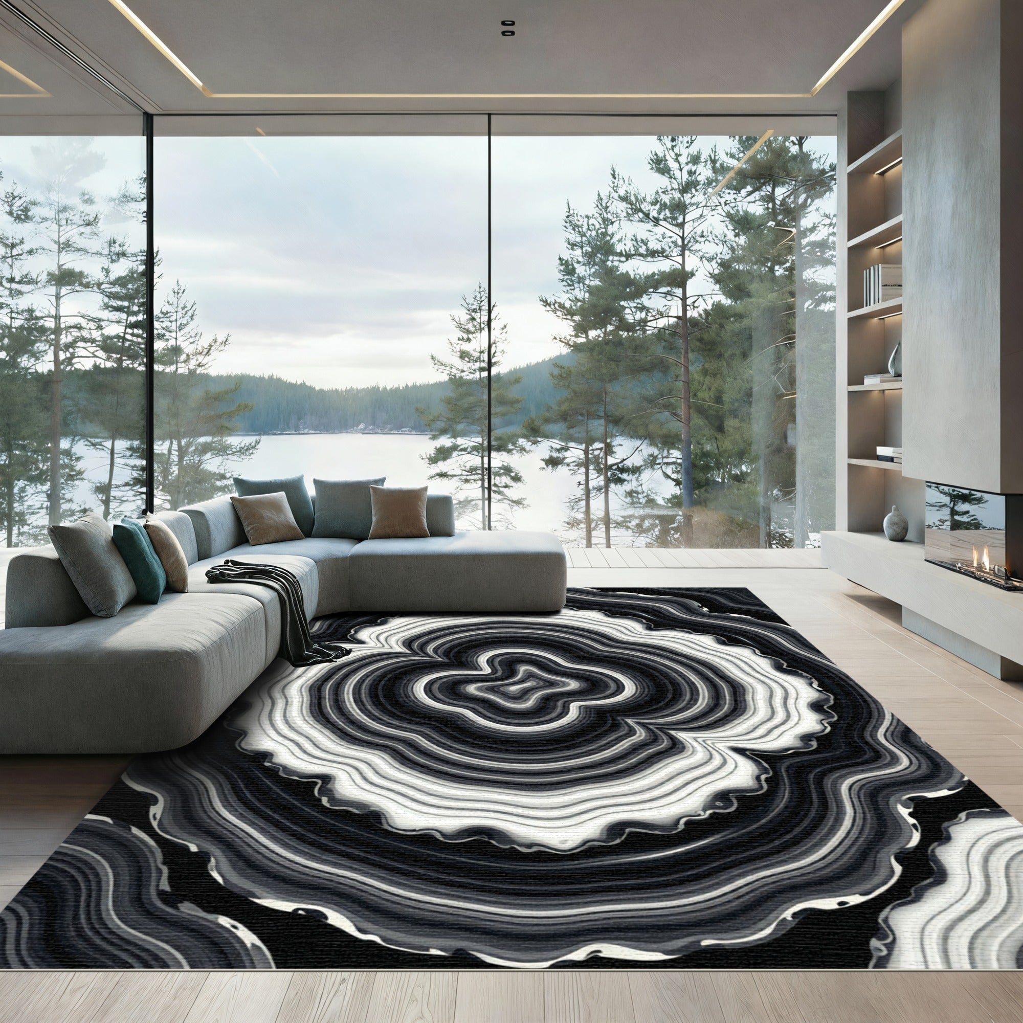Monochrome Organic Ripple Abstract Swirl Rug