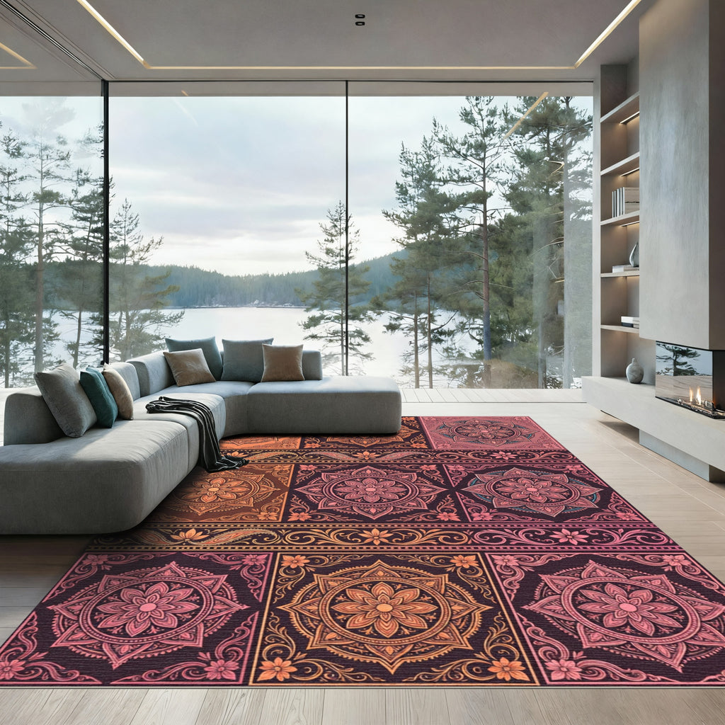Warm Paisley Floral Medallion Squares Rug