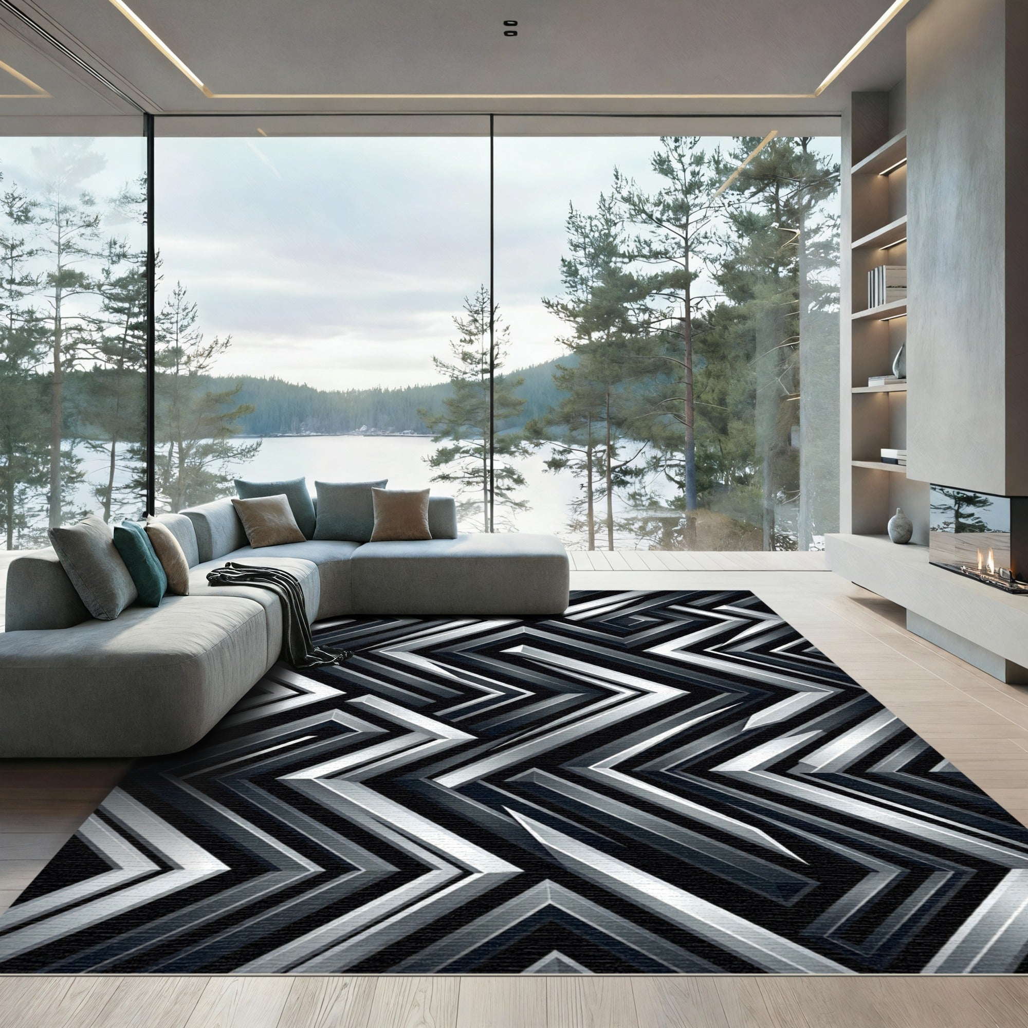 Metallic Silver Sharp Geometric Chevron Rug