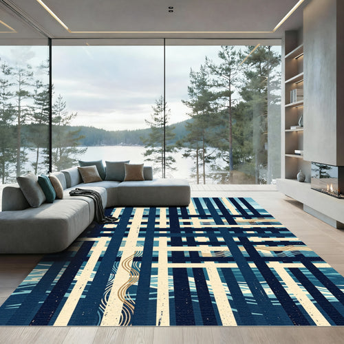 Abstract Navy Cream Geometric Grid Wave Rug