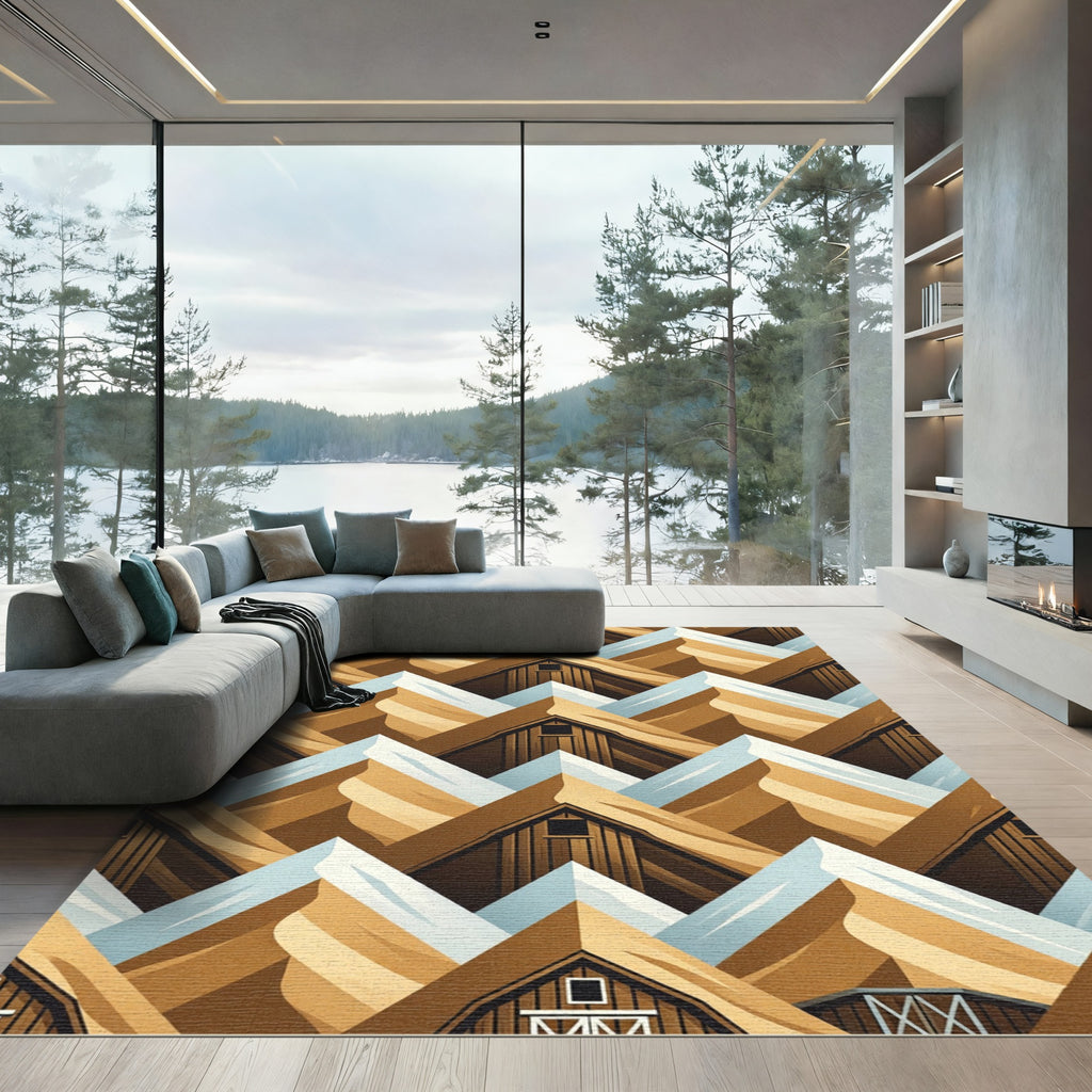 Geometric Mountain Barn Landscape Tiles Rug