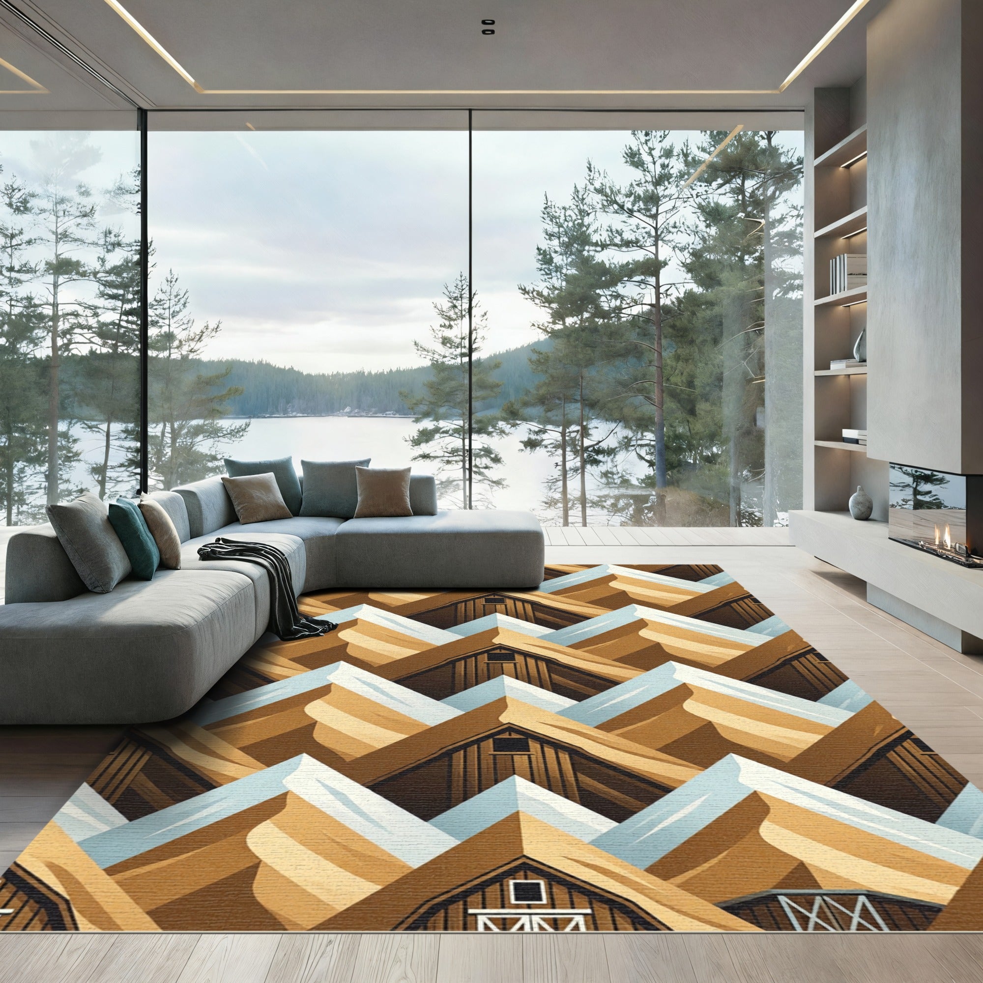 Geometric Mountain Barn Landscape Tiles Rug