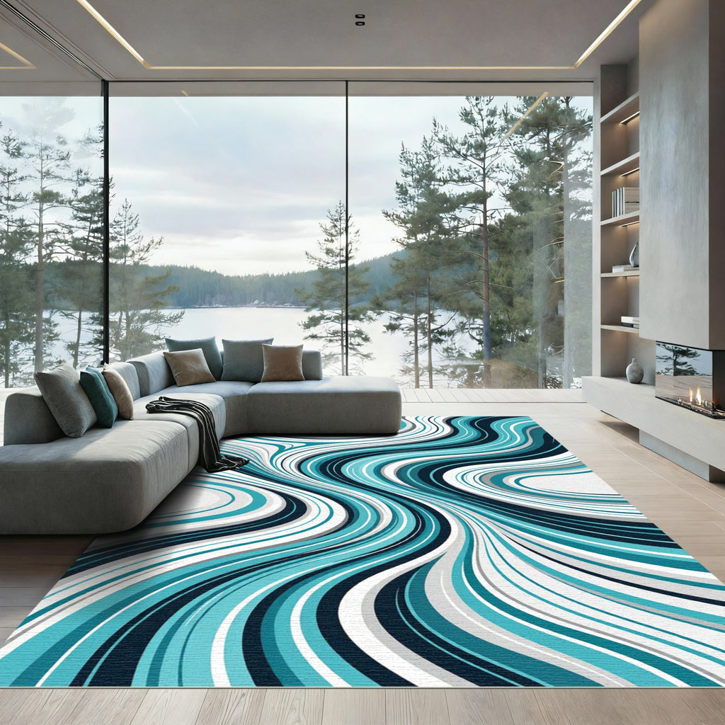 Abstract Teal and Slate Flowing Waves Rug