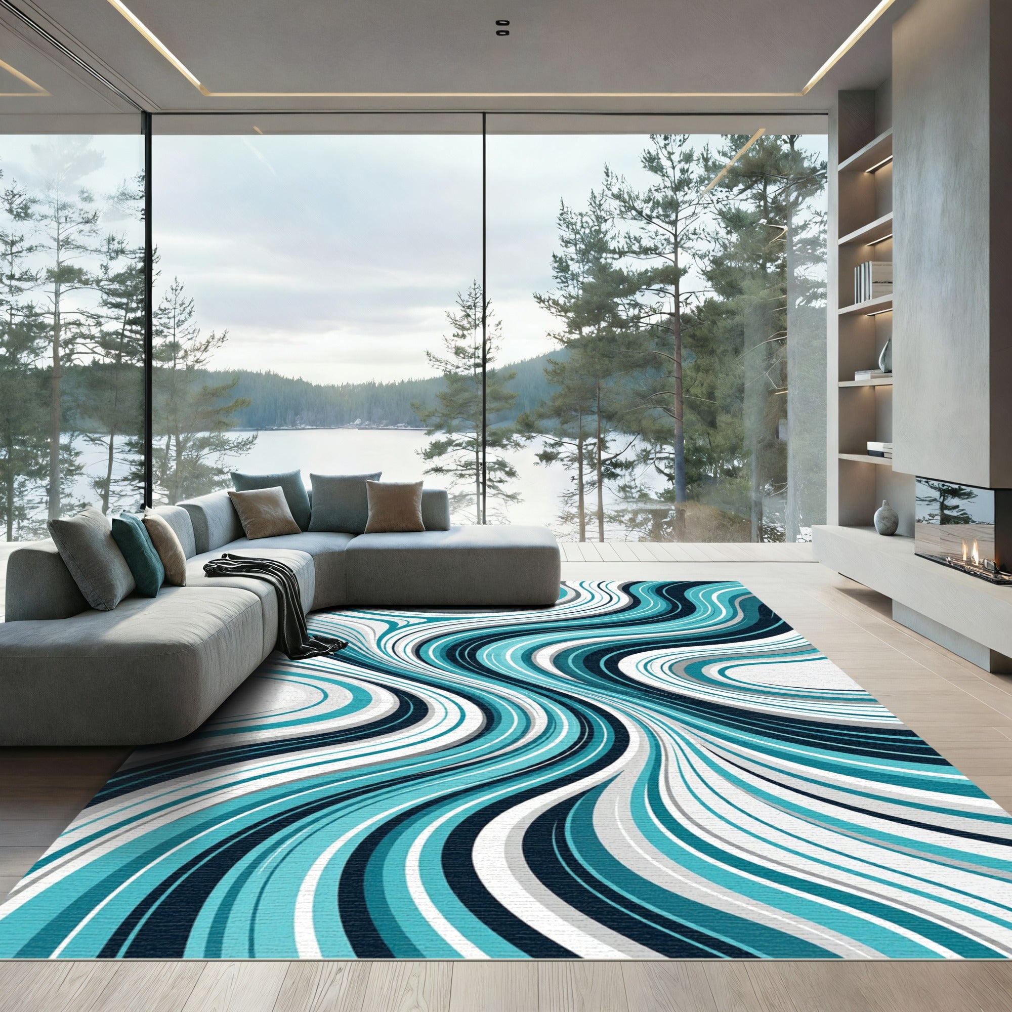Abstract Teal and Slate Flowing Waves Rug