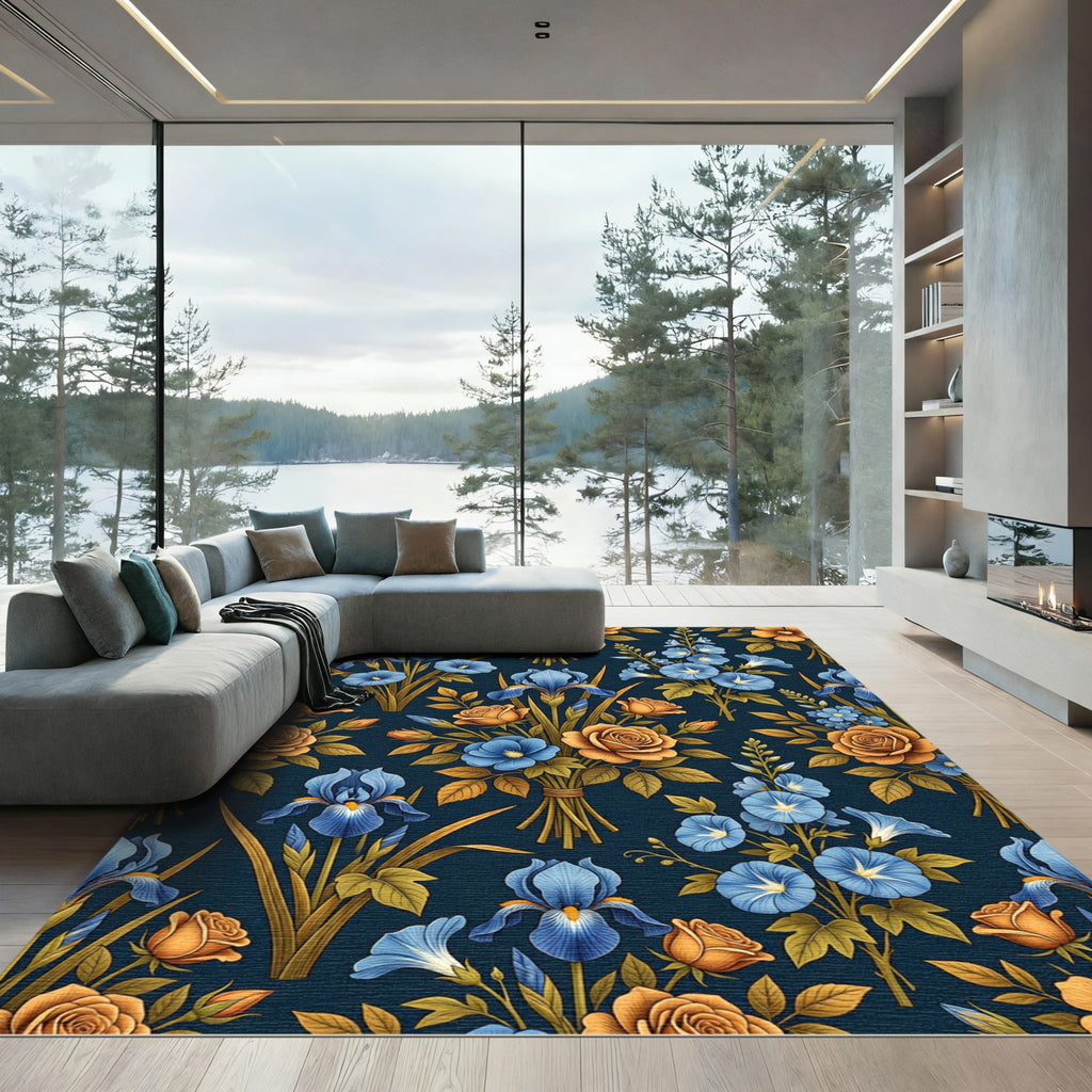 Blue Iris Orange Rose Floral Arrangement Rug
