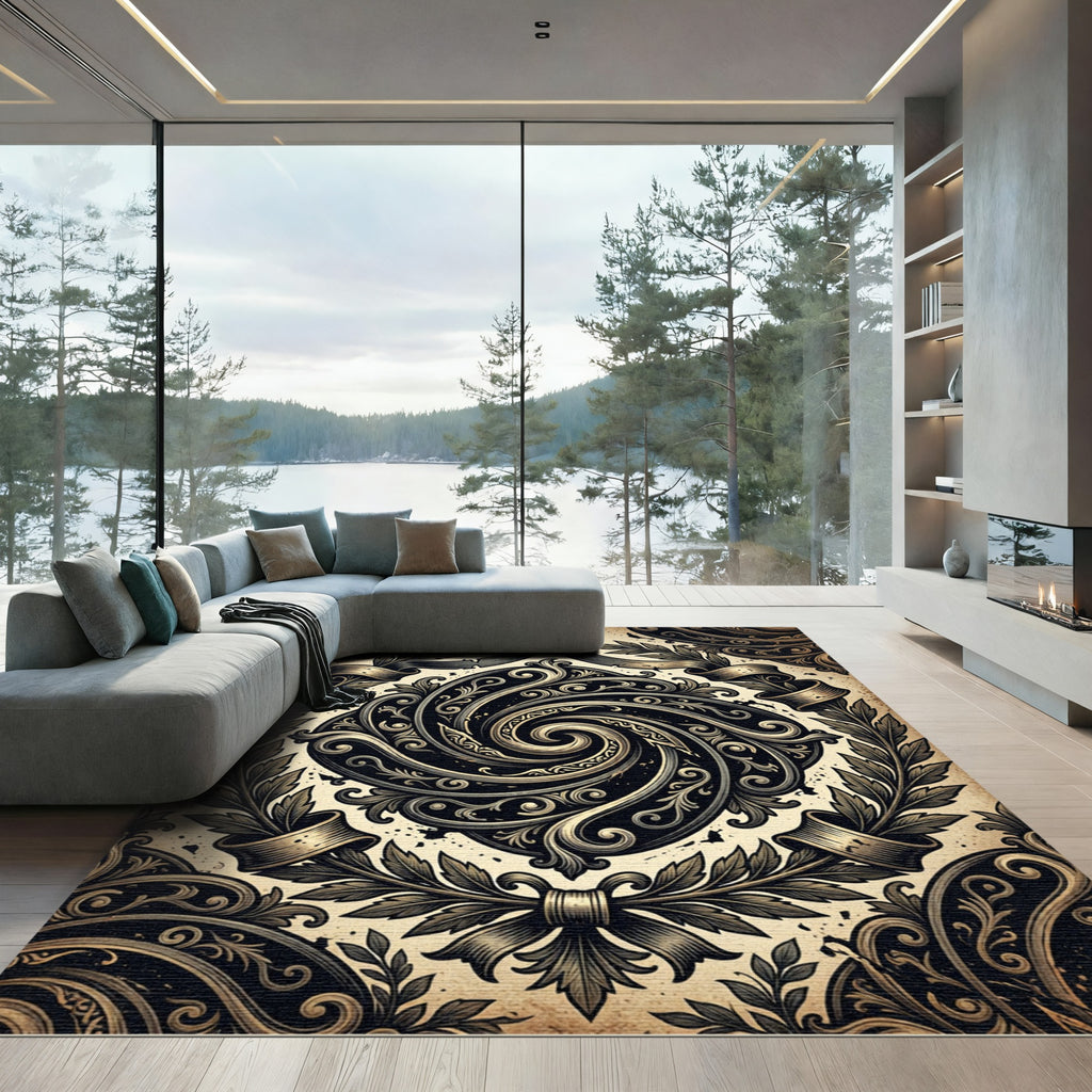 Baroque Golden Swirl Embellished Crest Rug