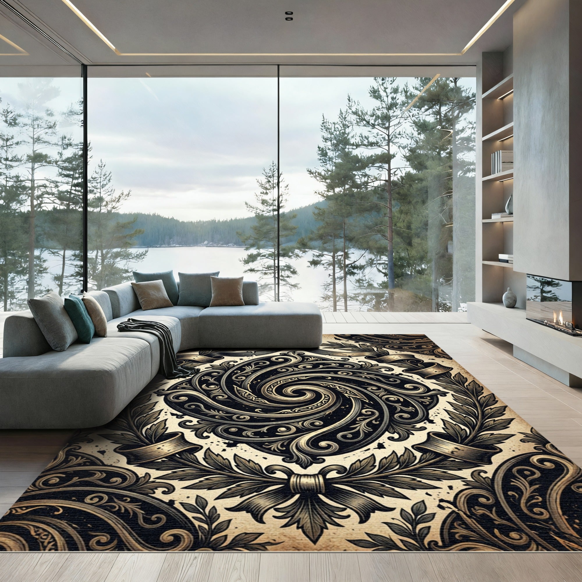 Baroque Golden Swirl Embellished Crest Rug