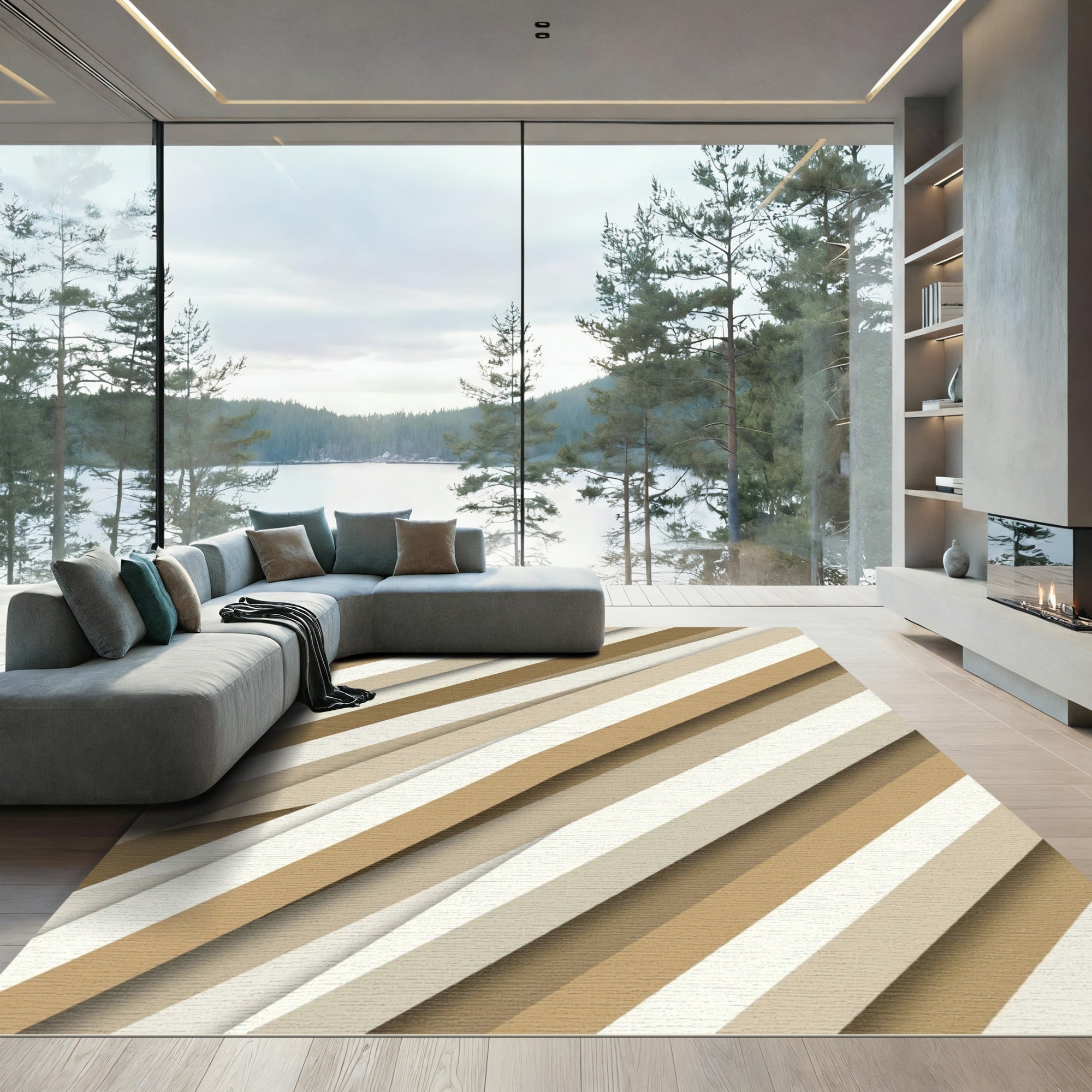 Warm Beige Diagonal Stripe Rug